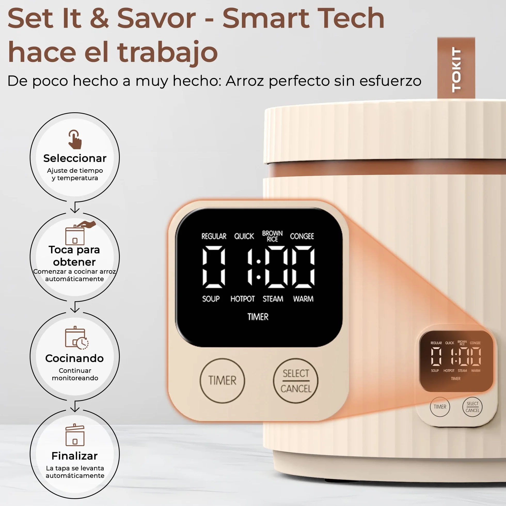 TOKIT Rice Cooker Pro szybkowar do ryżu, 1,5 l, mały, ale wielofunkcyjny, z przyciskiem dotykowym wyświetlacza, dla 1-3 osób, powłoka ceramiczna, nieprzywierająca, wewnętrzna doniczka do ryżu (biały)
