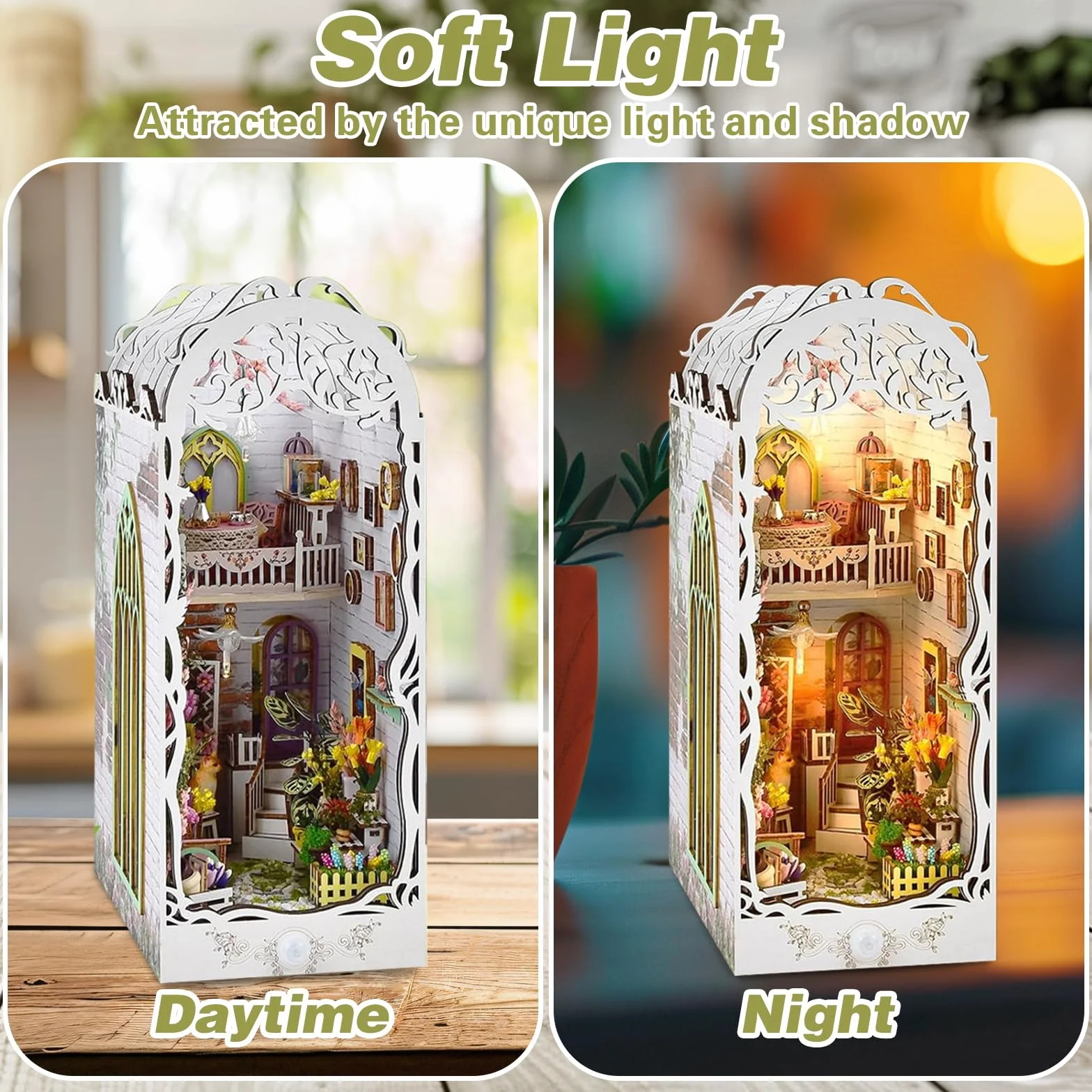 DIY Book Nook Kit: Miniaturowy Domek dla Lalek, Drewniane Puzzle 3D, Podpórka na Książki do Dekoracja Regału, Prezent dla Młodzieży i Dorosłych (z Osłoną Przeciwpyłową i Oświetleniem LED)