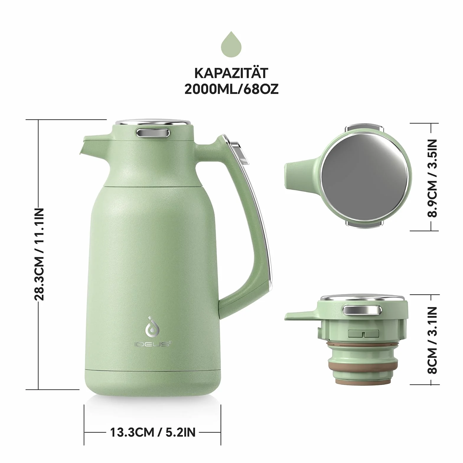IDEUS Karafka do kawy izolowana próżniowo, 2 litry, stal nierdzewna, termiczny dzbanek do herbaty, dozownik ciepłej i zimnej wody (awokado green)