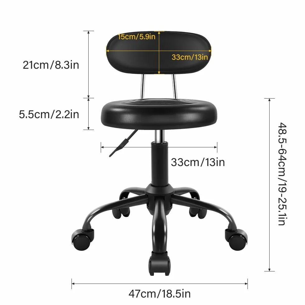 WKWKER Taboret na kółkach z kółkami, taboret obrotowy z oparciem z regulacją wysokości, taboret na kółkach ze skóry PU, idealny do salonu SPA, prac rysunkowych w domu (czarny)