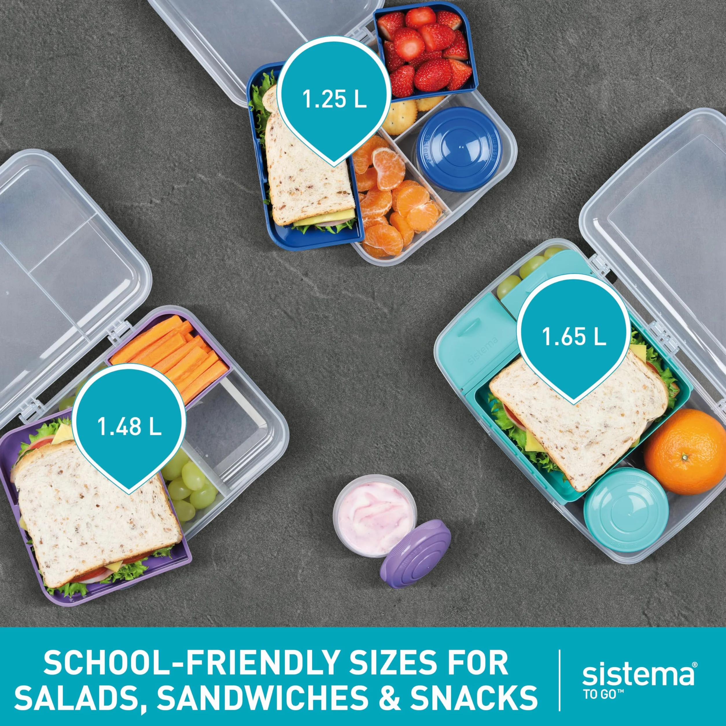 Sistema TO GO Bento Box Create | 1,48 l | szkolne pudełka na lunch z przegródkami i pojemnikiem na przekąski, bez BPA, 2 sztuki, miętowy turkusowy