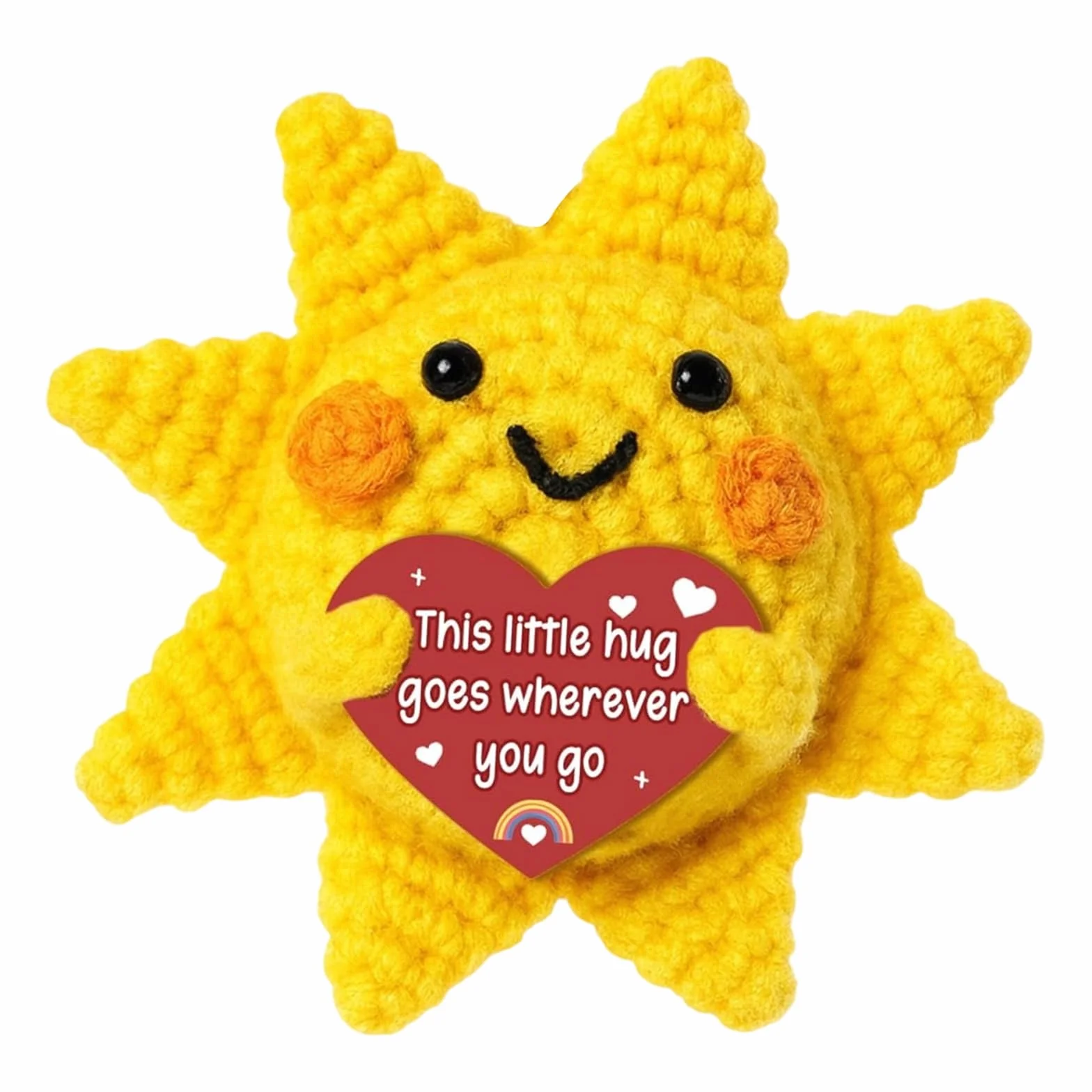 Pozytywne słońce z inspirującą kartką, żółte, pozytywne prezenty, Pocket Hug, słońce, emocjonalne wsparcie, lalka dziergana z wełny, ręcznie szydełkowana, prezent dla kobiet, na urodziny, Boże
