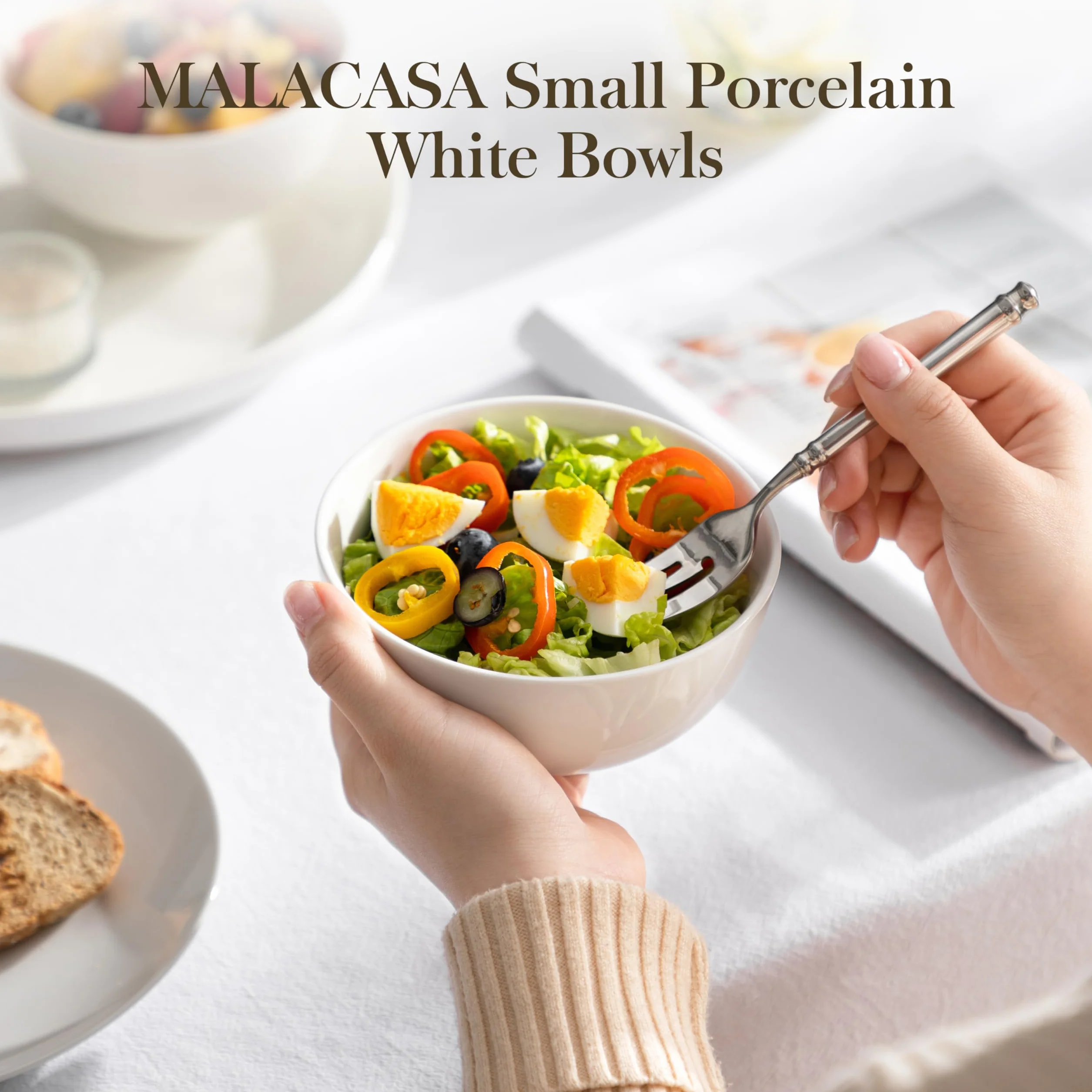 MALACASA, Seria regularna, zestaw 8 szt. 12,5 x 12,5 x 6,5/440 ml kremowo-biała porcelana miska do ryżu zupy zestaw misek na musli