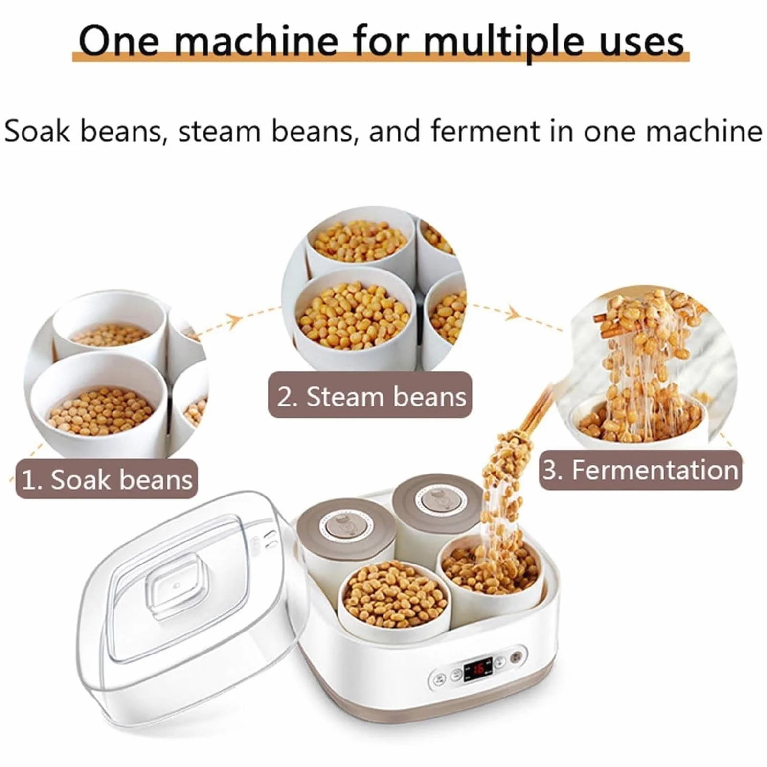 Elektryczna maszyna do fermentacji jogurtu Natto, inteligentna maszyna do fermentacji Natto o pojemności 1,5 l z 4 pojemnikami ceramicznymi, wysoka temperatura i inteligentne sterowanie panelem, do