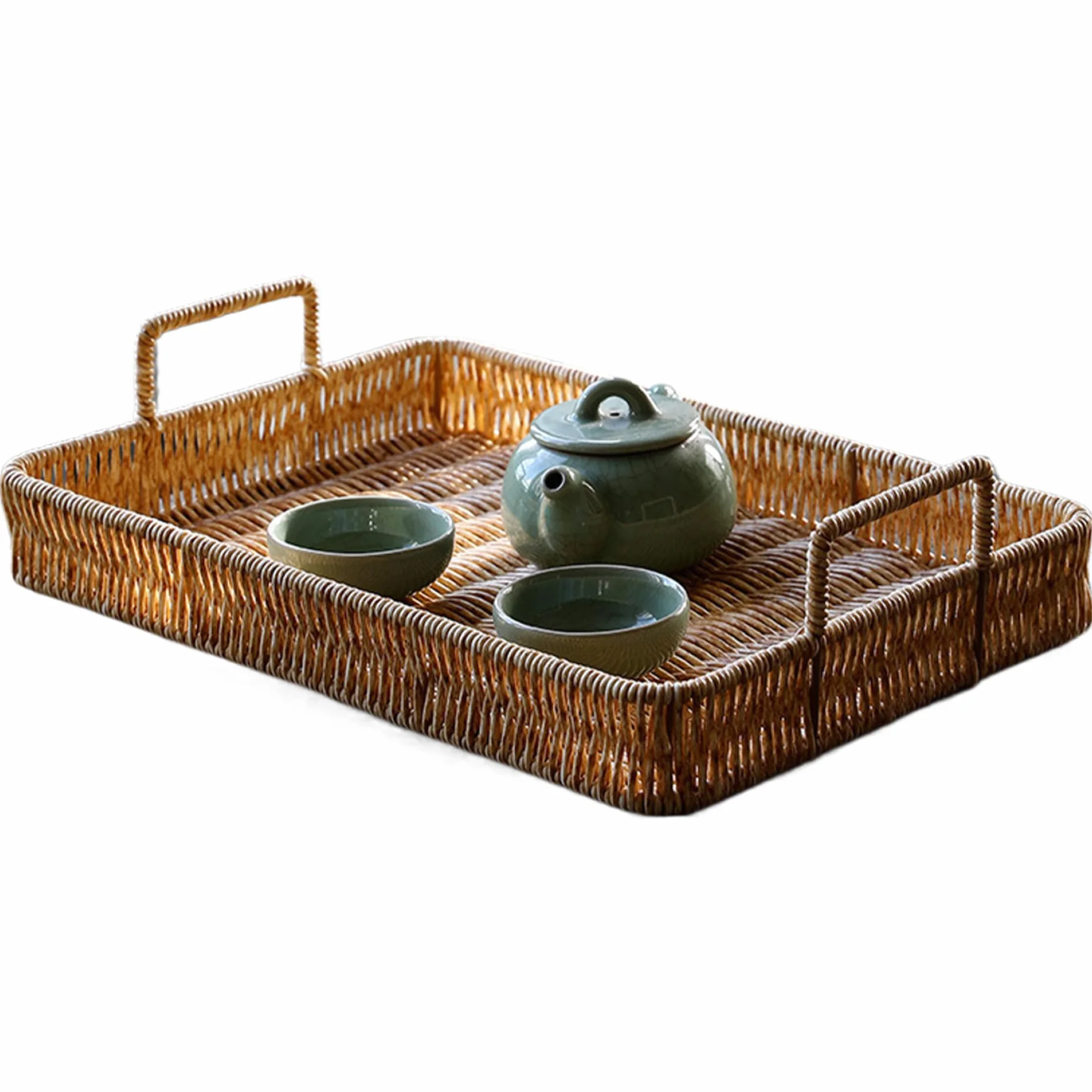 Prostokątny wiklinowy kosz do przechowywania z uchwytami, 41 x 31,5 x 8,9 cm, ręcznie robiony plastikowy rattan, duża pojemność, na stolik kawowy, dekoracja, niezbędne akcesoria łazienkowe