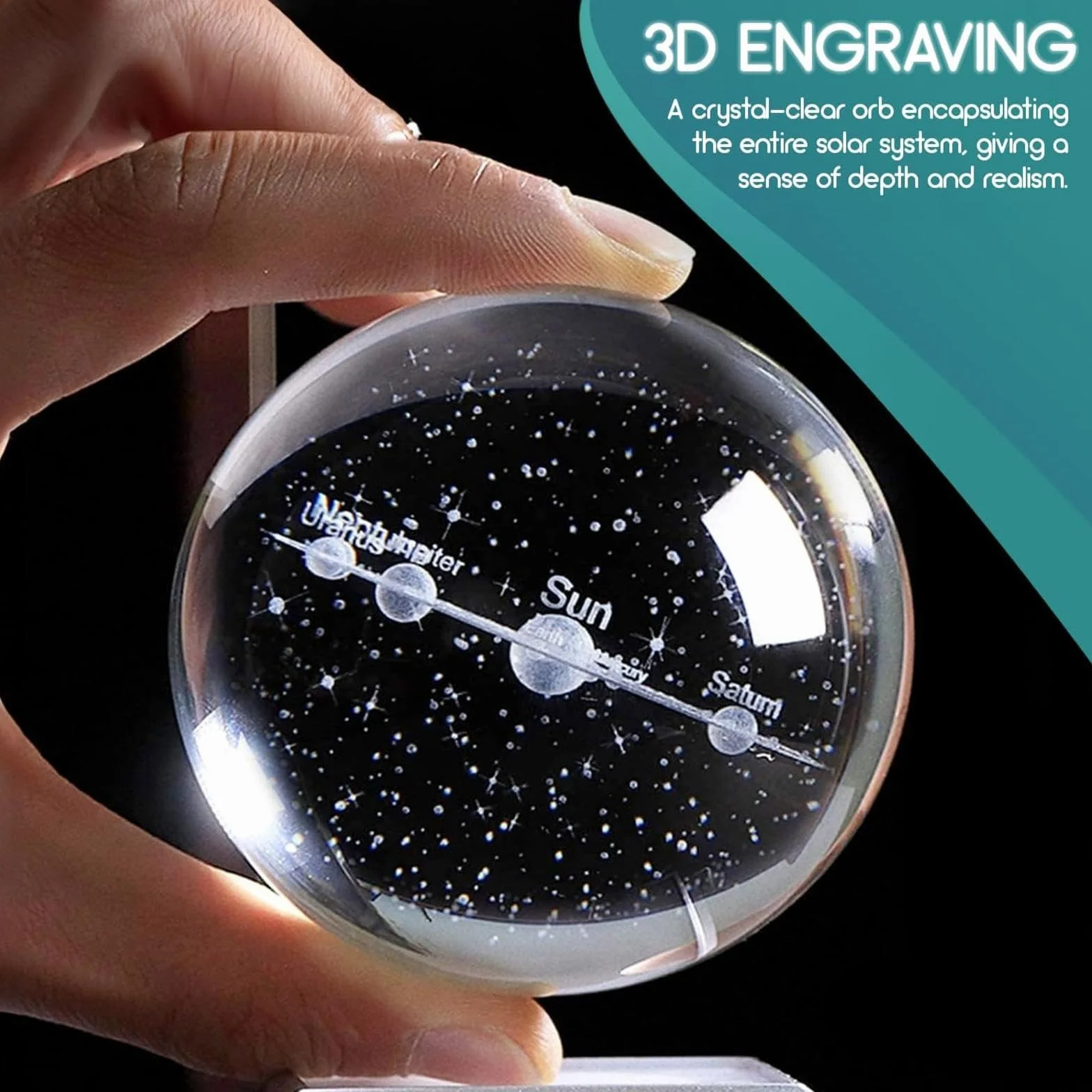 Kryształowa Kula Układ Słoneczny 3D LED 8cm Grawerowany z Nazwami Planet Dekoracja Nocna Prezent dla Dzieci