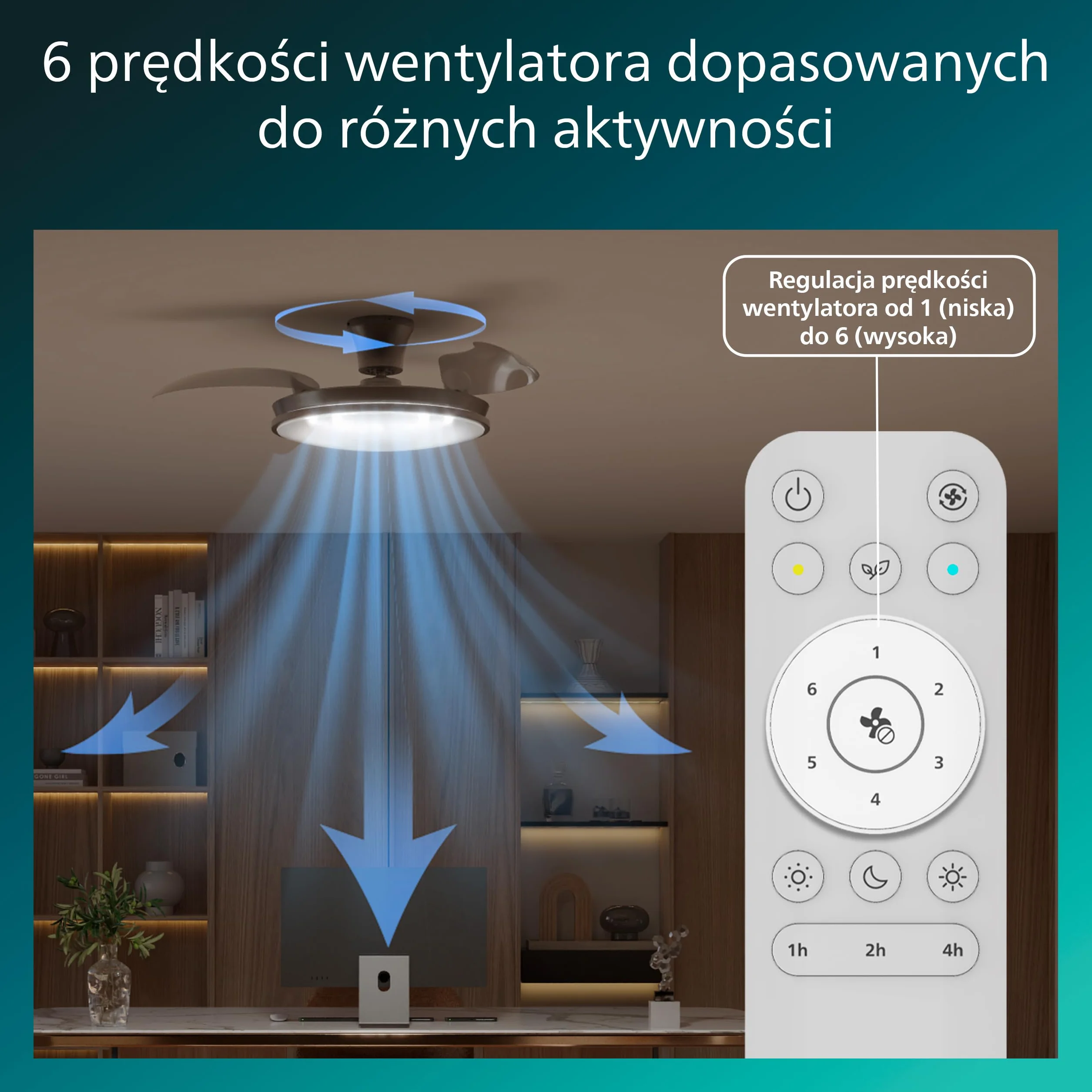 Chowany Wentylator Sufitowy Philips Atlas z Oświetleniem LED, 3 Łopatki, 106 cm, 4500 Lumenów, Regulowana Barwa 3000–6500 K, Przyciemnianie do 5%, Pilot, Niklowy