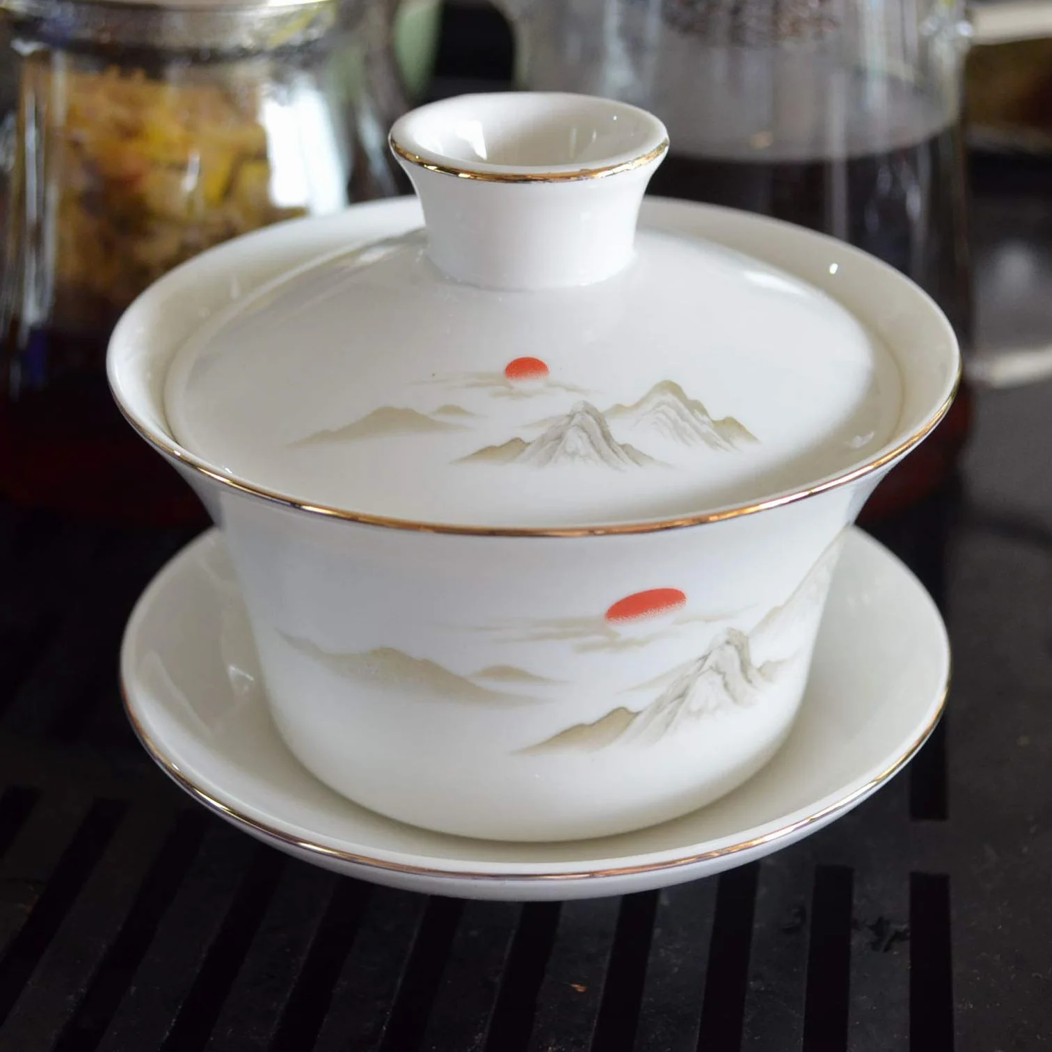 Gaiwan biała porcelana duża filiżanka 500 ml filiżanka do herbaty Sancai zestaw pokrywka słońce piękna góra (470 ml duży)