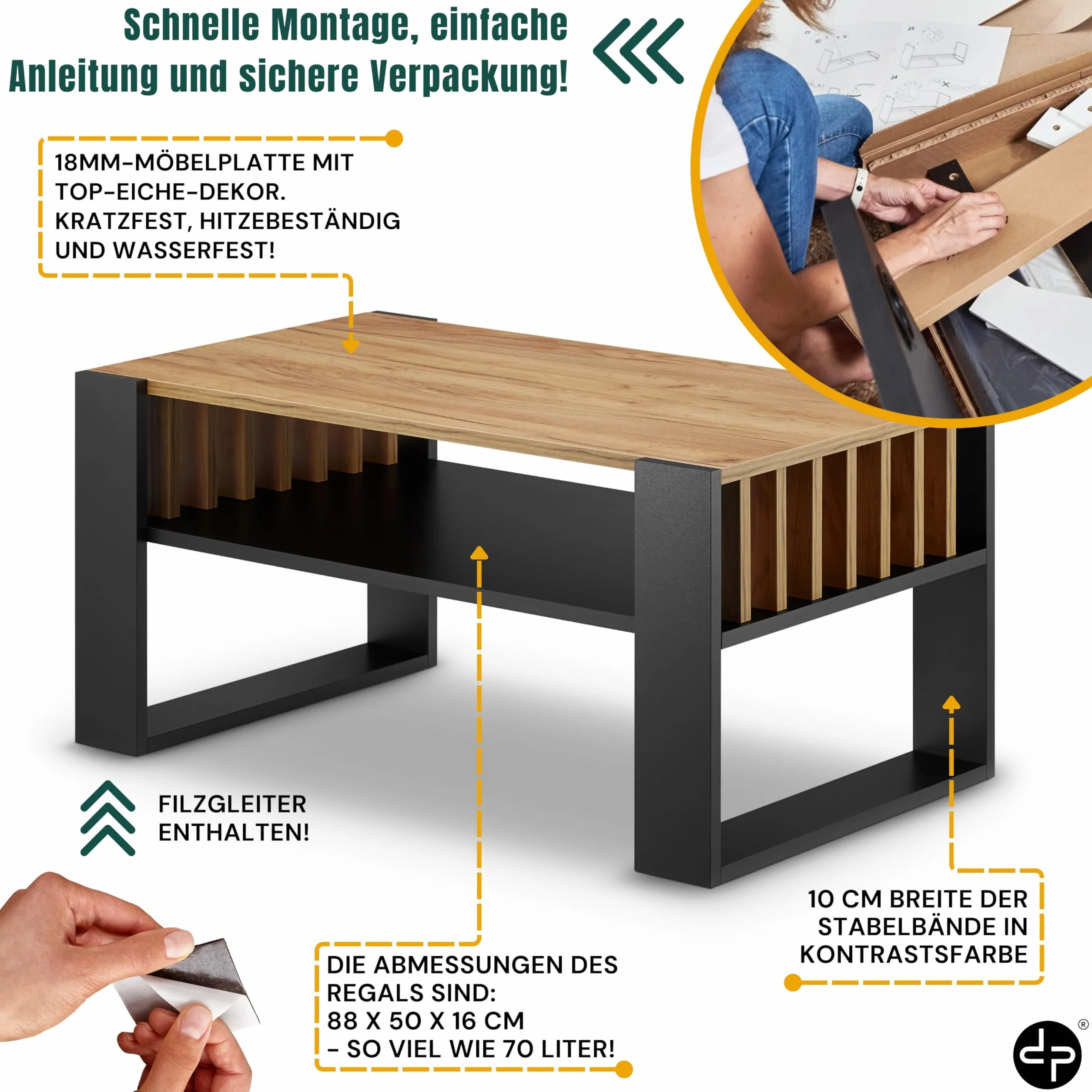 defiPad® Nowoczesny stolik kawowy z lammelami, szerokość 92 cm, duży stół do salonu, dąb | lity i stabilny | kolor czarny
