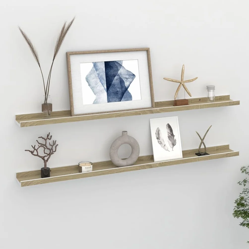 Regały ścienne, zestaw 2 sztuk, białe i dąb Sonoma, 100 x 9 x 3 cm, wytrzymałe półki wiszące z płyty MDF na książki, dekoracja, rośliny, uniwersalny montaż ścienny, nowoczesne wzornictwo