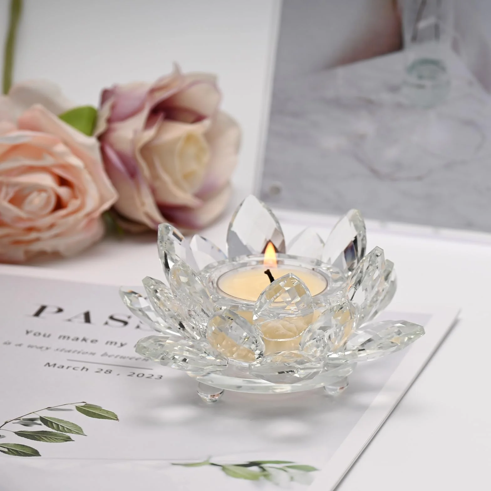 Kryształowy Świecznik na Tealighty, Świecznik w Kształcie Kwiatu Lotosu na Świeczki Tealight do Dekoracji Świątecznych, na Wesela i Przyjęcia w Domu (2)
