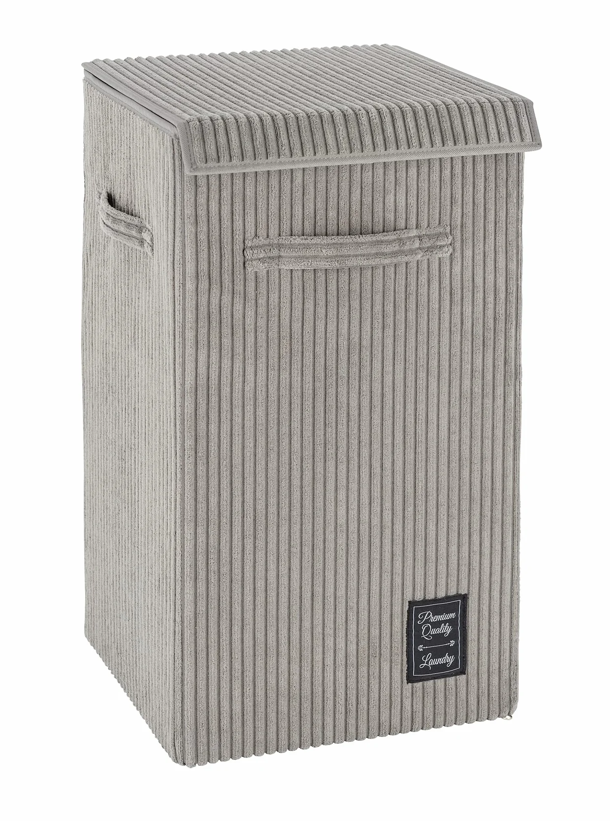 WENKO Kosz na pranie Cora szary, nowoczesny kosz na pranie z puszystego sztruksu, z pokrywą na rzepy i 3 uchwytami do noszenia, pojemność 63 l, 33 x 58 x 33 cm, 100% poliester