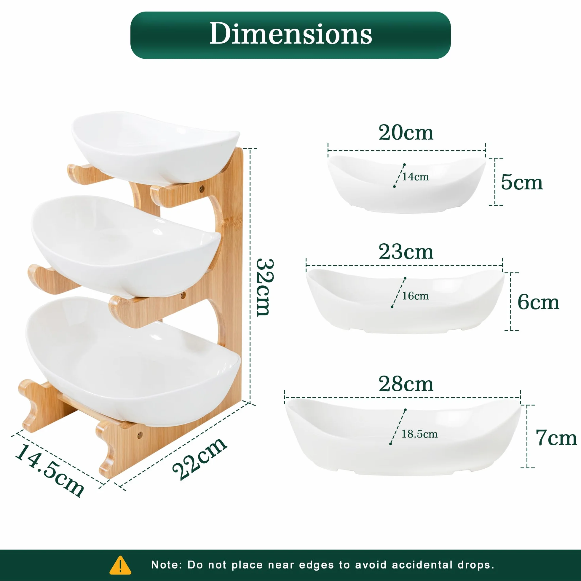 Ceramiczna miska na owoce, 3-poziomowa, porcelanowa, 3 poziomy, z naturalnym bambusowym stojakiem, talerz do serwowania owoców, ciast, słodyczy