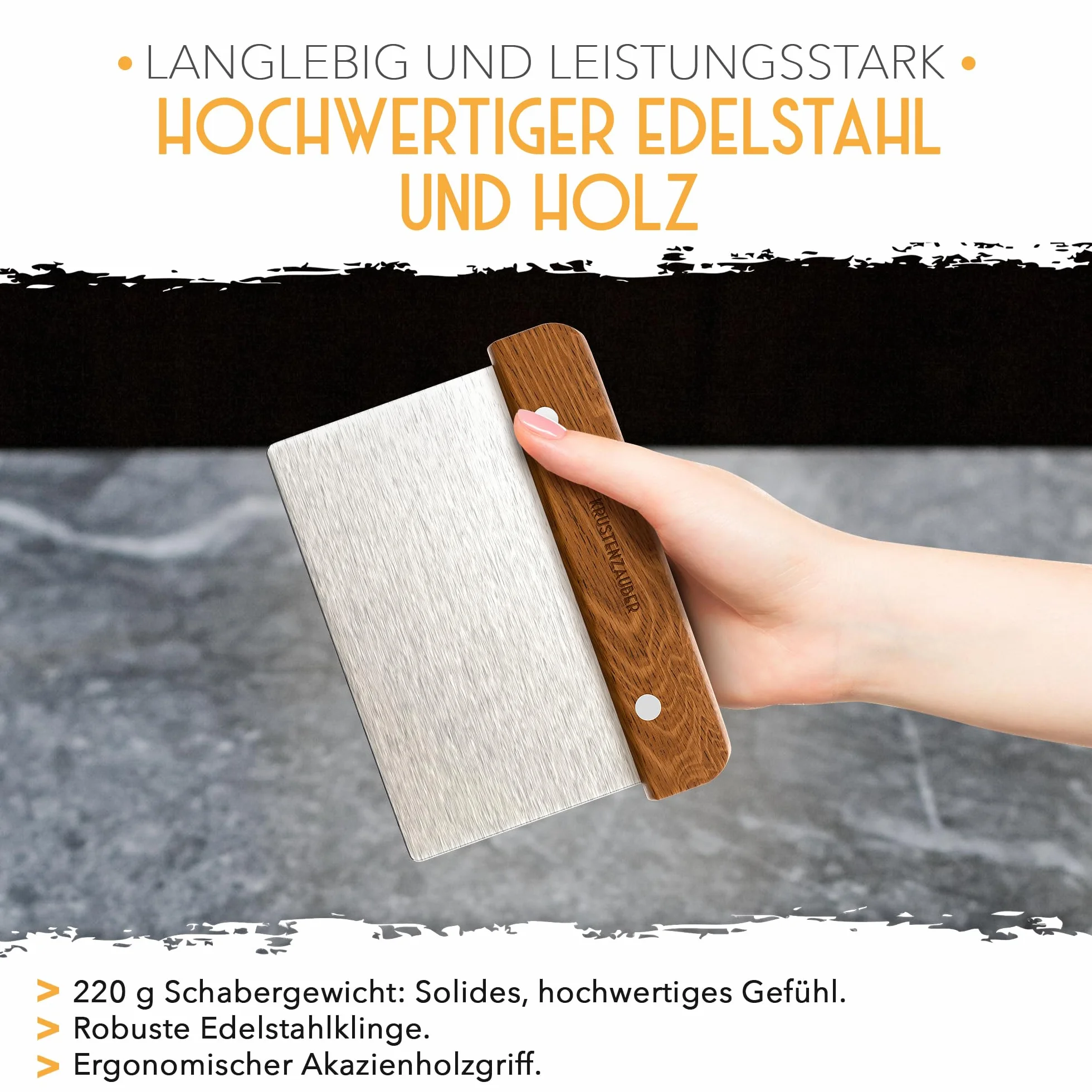 KRUSTENZAUBER Nóż do ciasta ze stali nierdzewnej 18 cm z drewnianą rączką, szpatułka do pieczenia chleba, trwała skrobak do ciasta do dzielenia się i kształtowania ciasta dla czystej pracy
