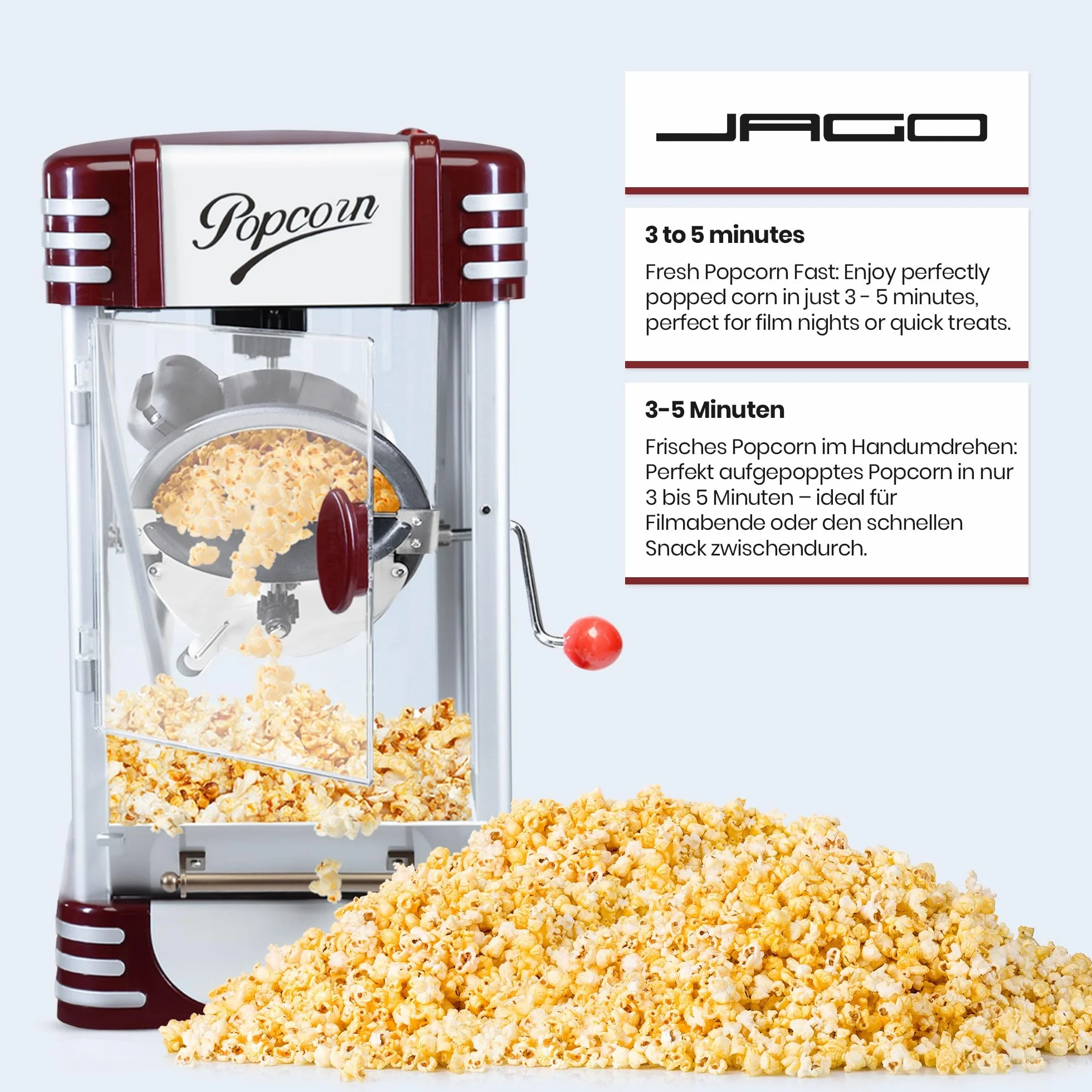 Jago® Maszyna do popcornu retro – 60 l/h, 200 g/10 min, garnek ze stali nierdzewnej, do słonego popcornu – wygląd w stylu lat 50., profesjonalna maszyna robienia, automat