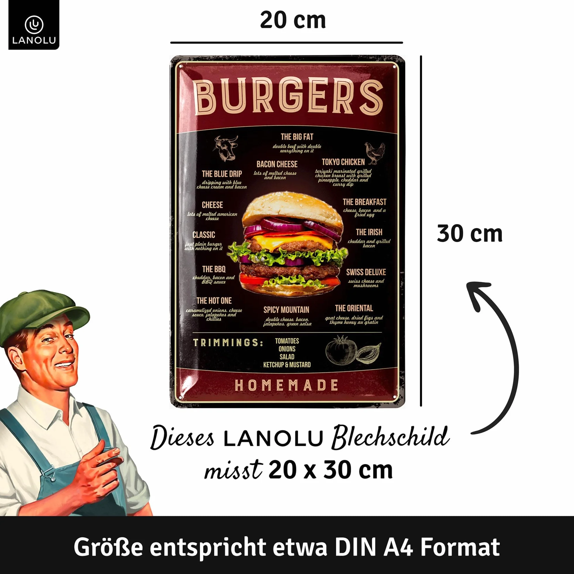 LANOLU Tabliczka blaszana w stylu vintage – znak hamburgera w stylu retro, sztuka ścienna, dekoracja restauracji, 30 x 20 cm
