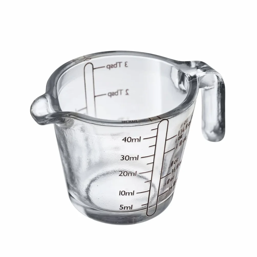 Westmark 305522E3 2 mini szklanki z miarką, 40 ml, 4 różne skale, nadają się do piekarnika, kuchenki mikrofalowej i zamrażarki, kolor przezroczysty/czarny