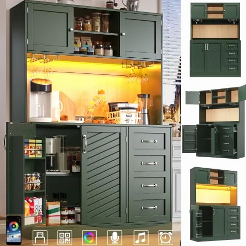 vutizal Szafka bufetowa z oświetleniem LED – 4 drzwi, 2 szuflady, regał na przekąski i szafka kuchenna z płyty MDF, 120 x 40 x 188 cm, zielona konstrukcja z blatem roboczym