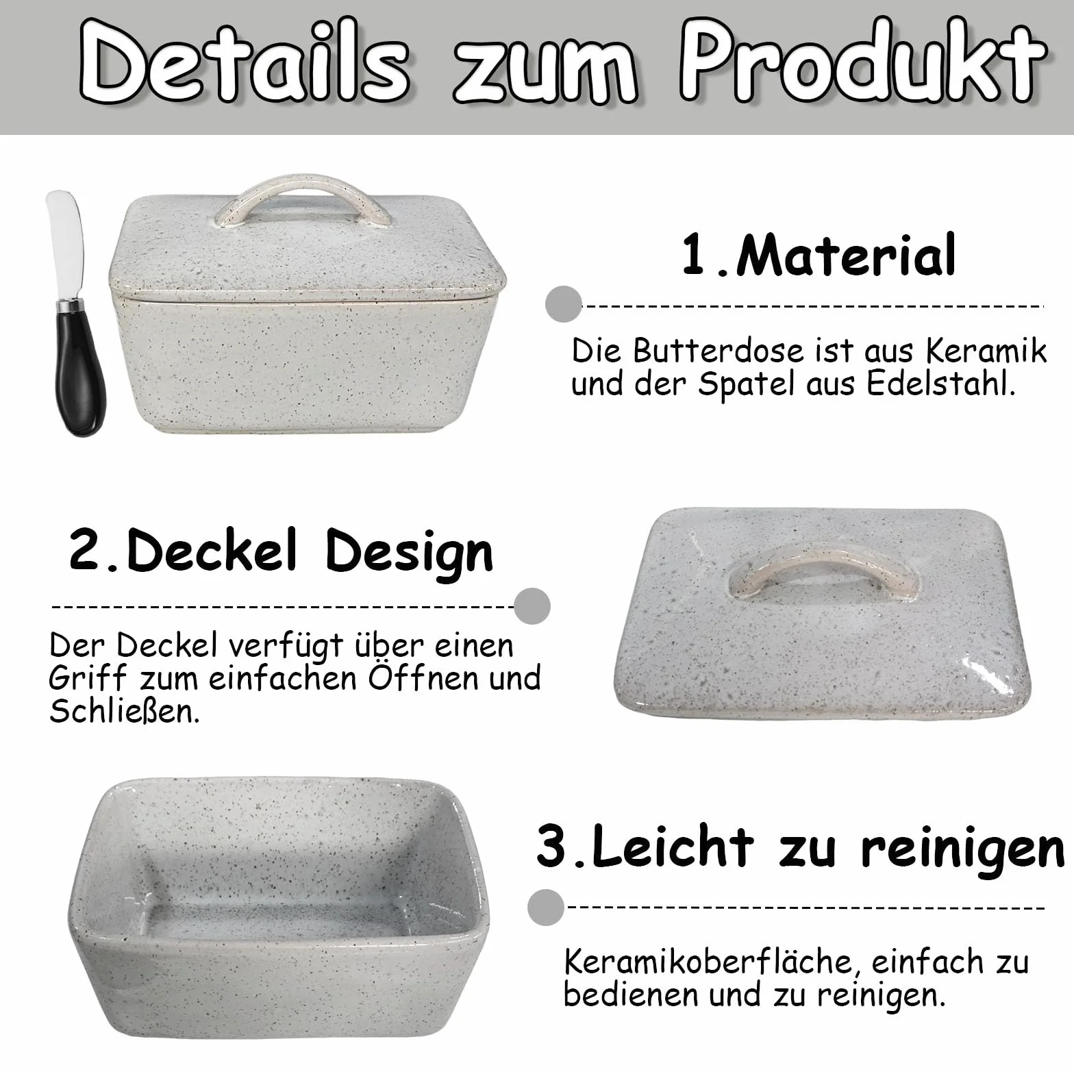 Maselniczka ceramiczna, 14,5 x 10 x 9,5 cm, porcelanowa maselniczka ze skrobakiem do masła, przechowywanie słodyczy z pokrywką, do przechowywania w restauracji, szara
