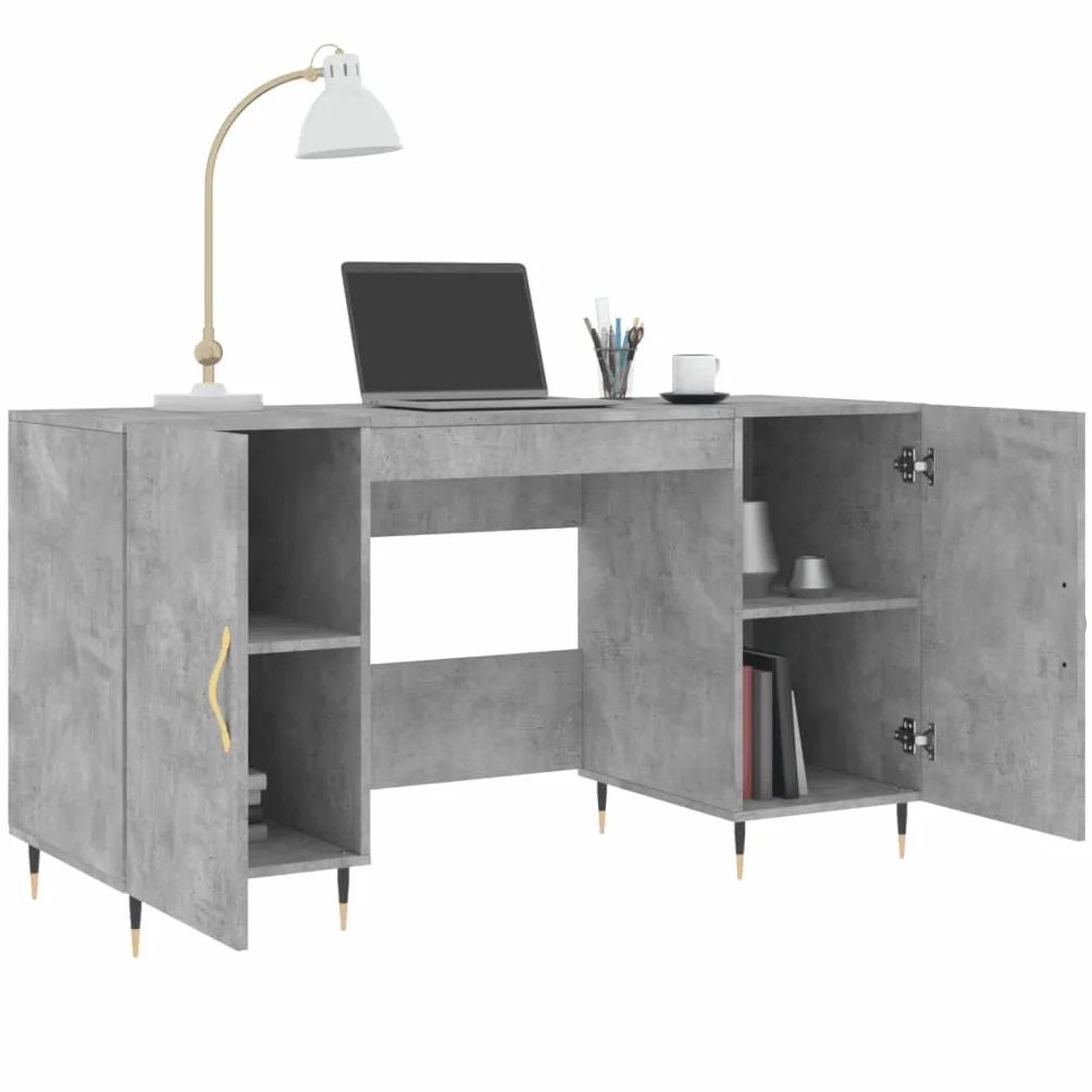 Biurko betonowe, szare, 140 x 50 x 75 cm, materiał drewnopochodny z 4 półkami i drzwiami, stabilny stół biurowy do domu, biura, gabinetu, pokoju młodzieżowego, z regałem, półką i zarządzaniem