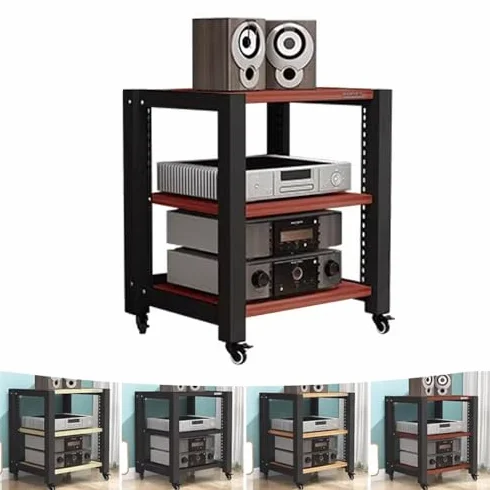 Teak 4-poziomowy stojak AV z kółkami, regulowany odtwarzacz płyt i odtwarzacz CD Hi-Fi, Sto Heavy-Du Ma Tower (60 x 50 x 64 cm) - idealny do kina domowego i do Equint