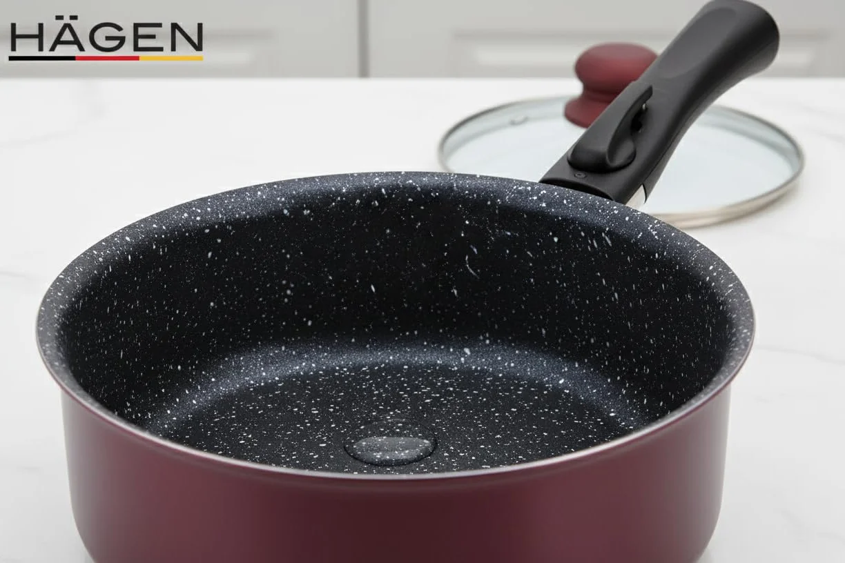 HAGEN, Naczynia kuchenne z powłoką kamienną, zdejmowany uchwyt, 10 części, Bordeaux, powłoka nieprzywierająca, wszystkie palniki, indukcja, HA04647
