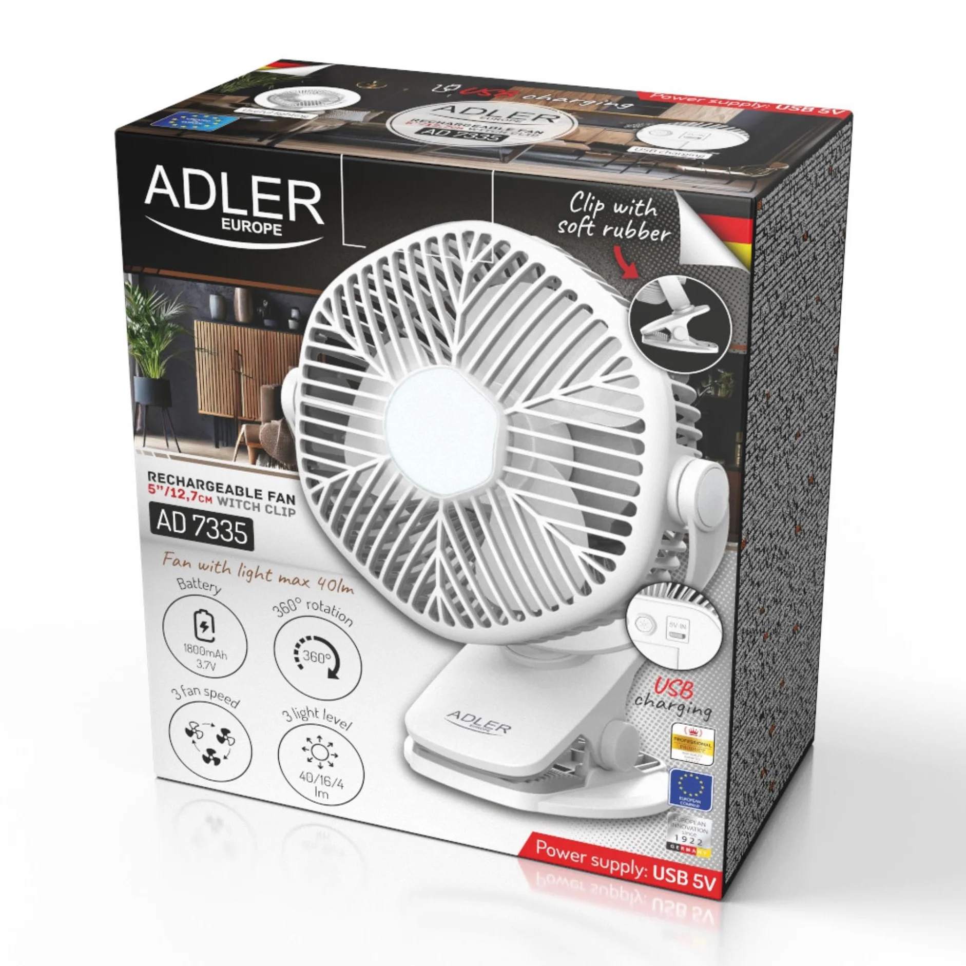 ADLER EUROPE Wentylator stołowy z akumulatorem i zaciskiem - Wentylator USB z oświetleniem LED - 3 prędkości i możliwość obrotu o 360° - Wentylator z zaciskiem 15,3 x 10,5 x 19,9 cm - Biały
