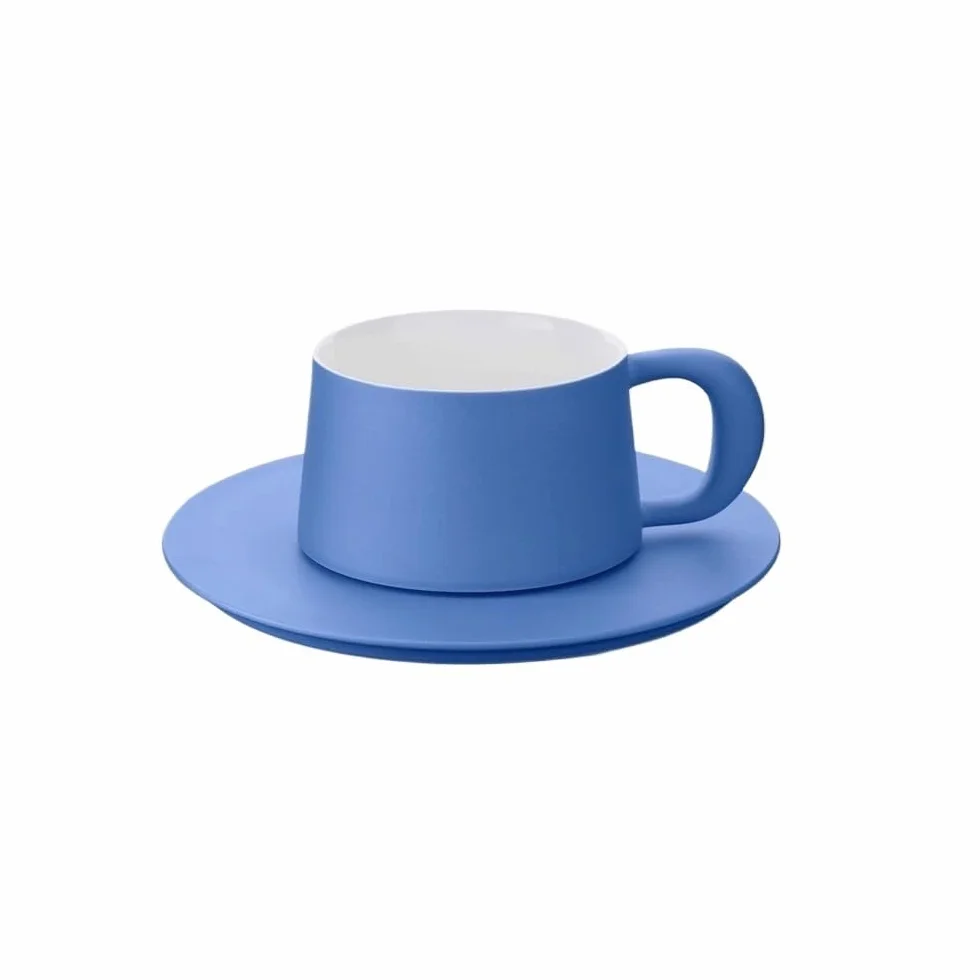Niebieski kubek do kawy i spodek, kubek do herbaty 10,14 uncji z podgrzewanym płaskim dnem do biura i domu, porcelanowy zestaw dla baristów