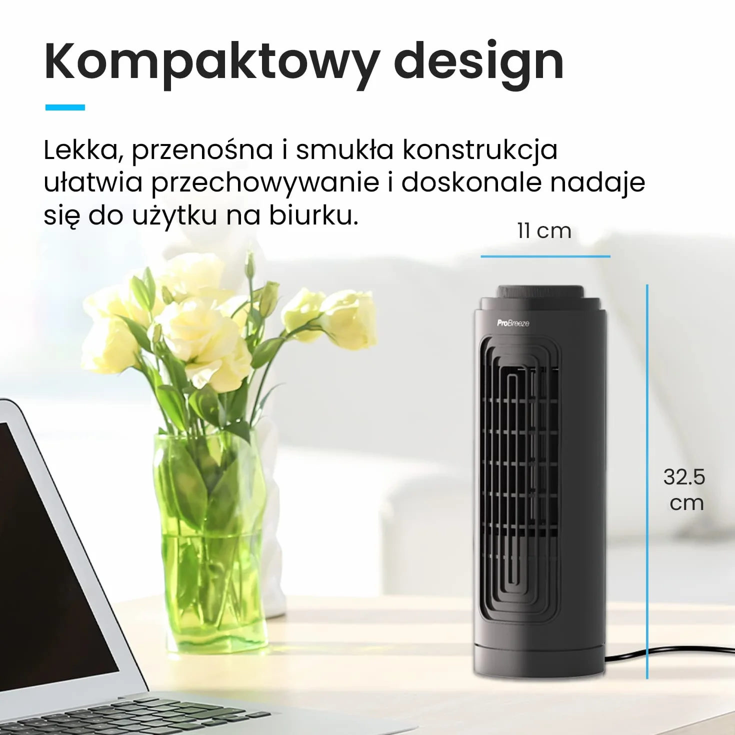 Pro Breeze Mały Wiatrak Stołowy, Mini Wentylator na Biurko, Biurowy Chłodzący Cichy Mocny, Wysokość 32cm, z Automatyczną Oscylacją 70°, Wieżowy Kolumnowy do Sypialni Gabinetu Biura, 45W, Czarny