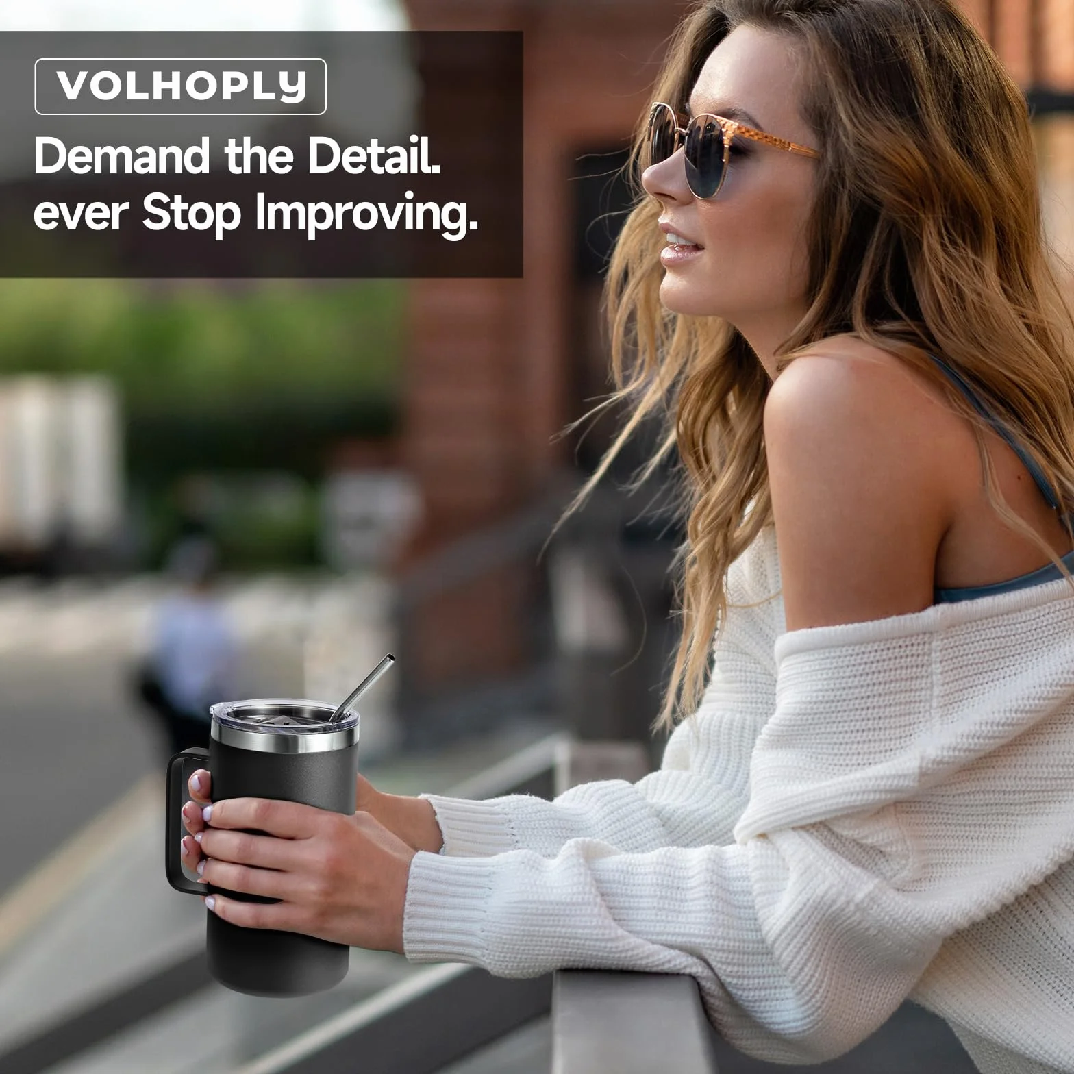Volhoply 700 ml izolowany kubek do kawy z pokrywką i słomką, kubki podróżne ze stali nierdzewnej z uchwytem, szczelny kubek do kawy z podwójną ścianką do gorących i zimnych napojów (czarny, 1