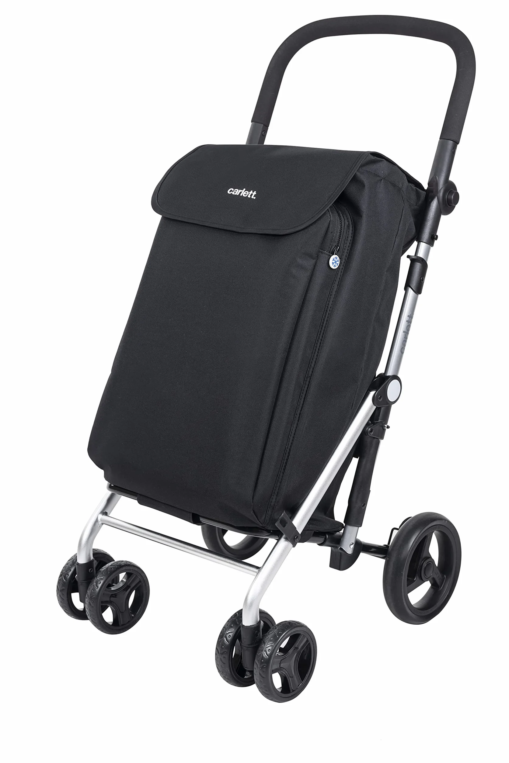 Carlett - Wózek na zakupy, składany wózek do supermarketu, z 4 kołami i dużą pojemnością 32 kg, główną torbą 58 l, torbą termiczną 12 l i wodoodporną tkaniną - kolor czarny