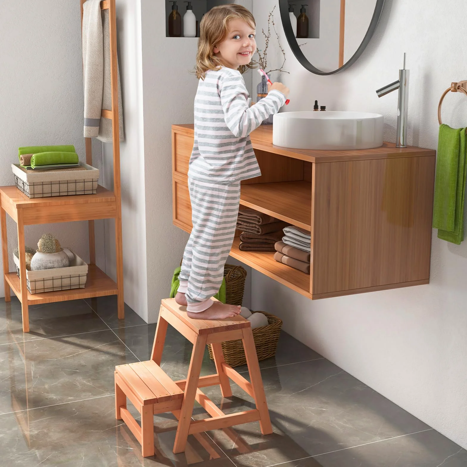 COSTWAY 2-stopniowy taboret składany, krzesło drabinkowe, obciążenie do 250 kg, drabinka z drewna świerkowego, drabina domowa, naturalna drabina do bibliotek lub domu, 50 x 39 x 45 cm
