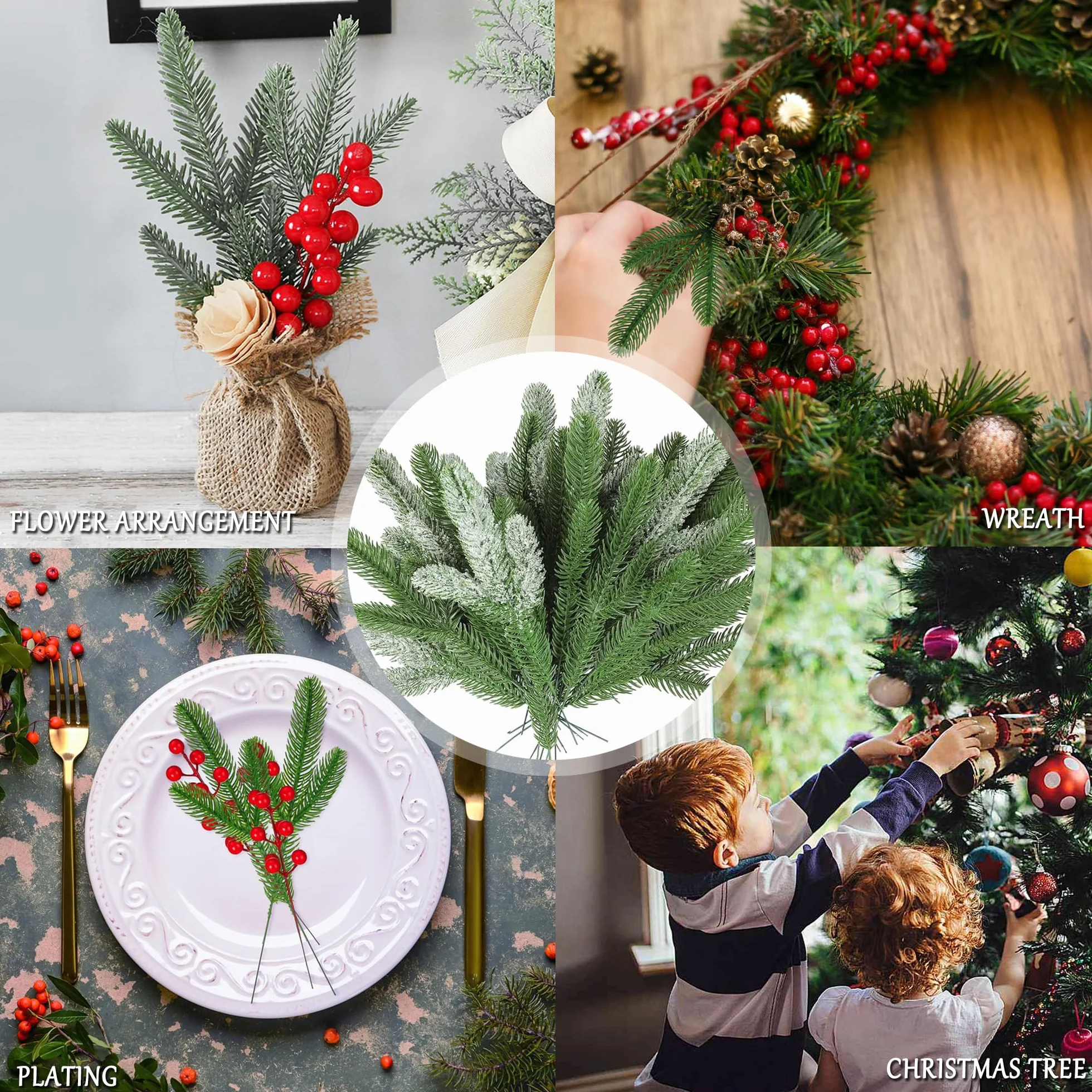48 sztuk sztucznych igieł sosnowych, 24 cm, Boże Narodzenie, plastikowe, zielone, sztuczne gałązki sosnowe, gałązki, gałązki jodły, na Boże Narodzenie, do domu, ogrodu, dekoracja ścienna