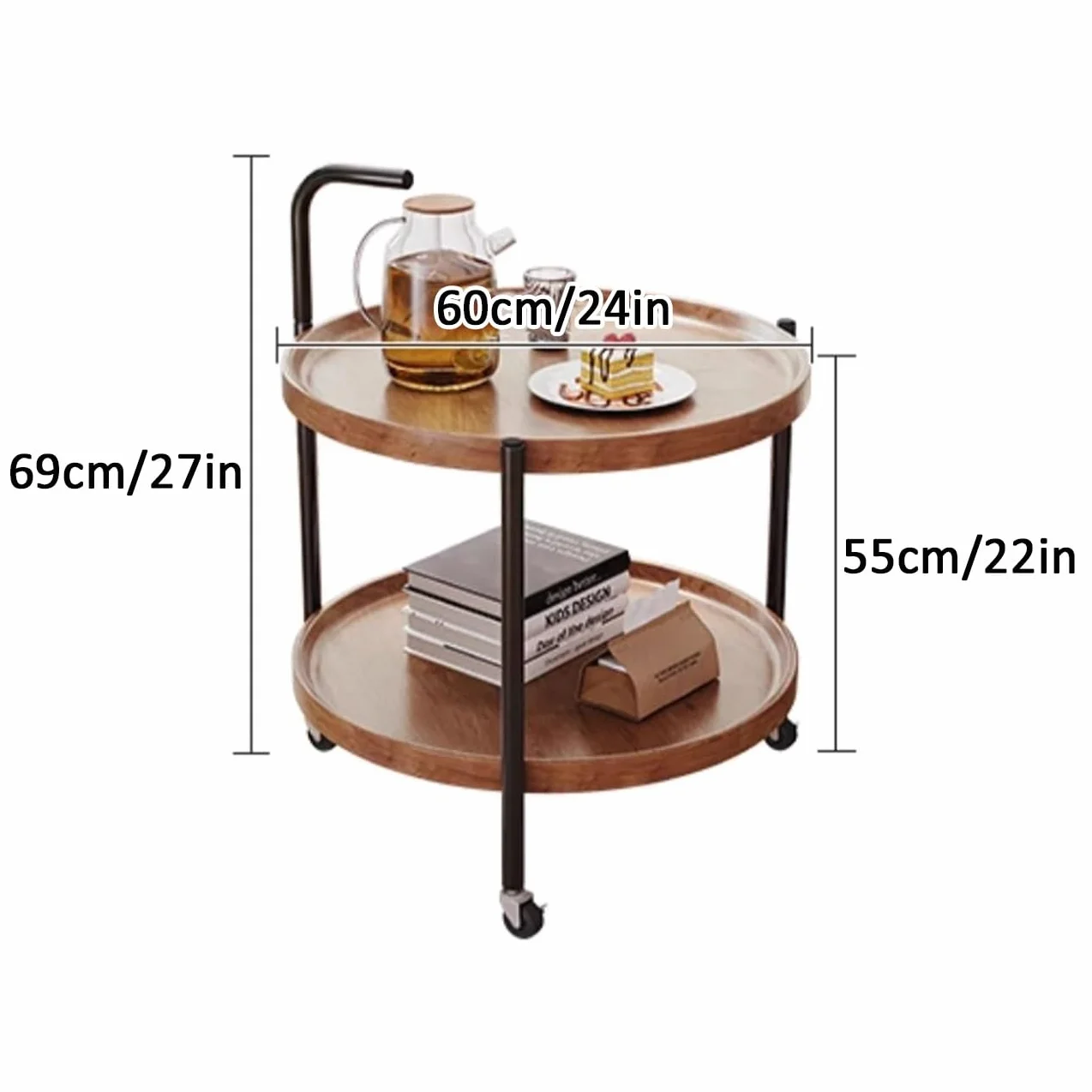 Okrągły stolik kawowy z kółkami – 2-poziomowy wózek do salonu i kuchni – wszechstronna brązowa sofa / stolik nocny (60 cm) – nowoczesne meble domowe