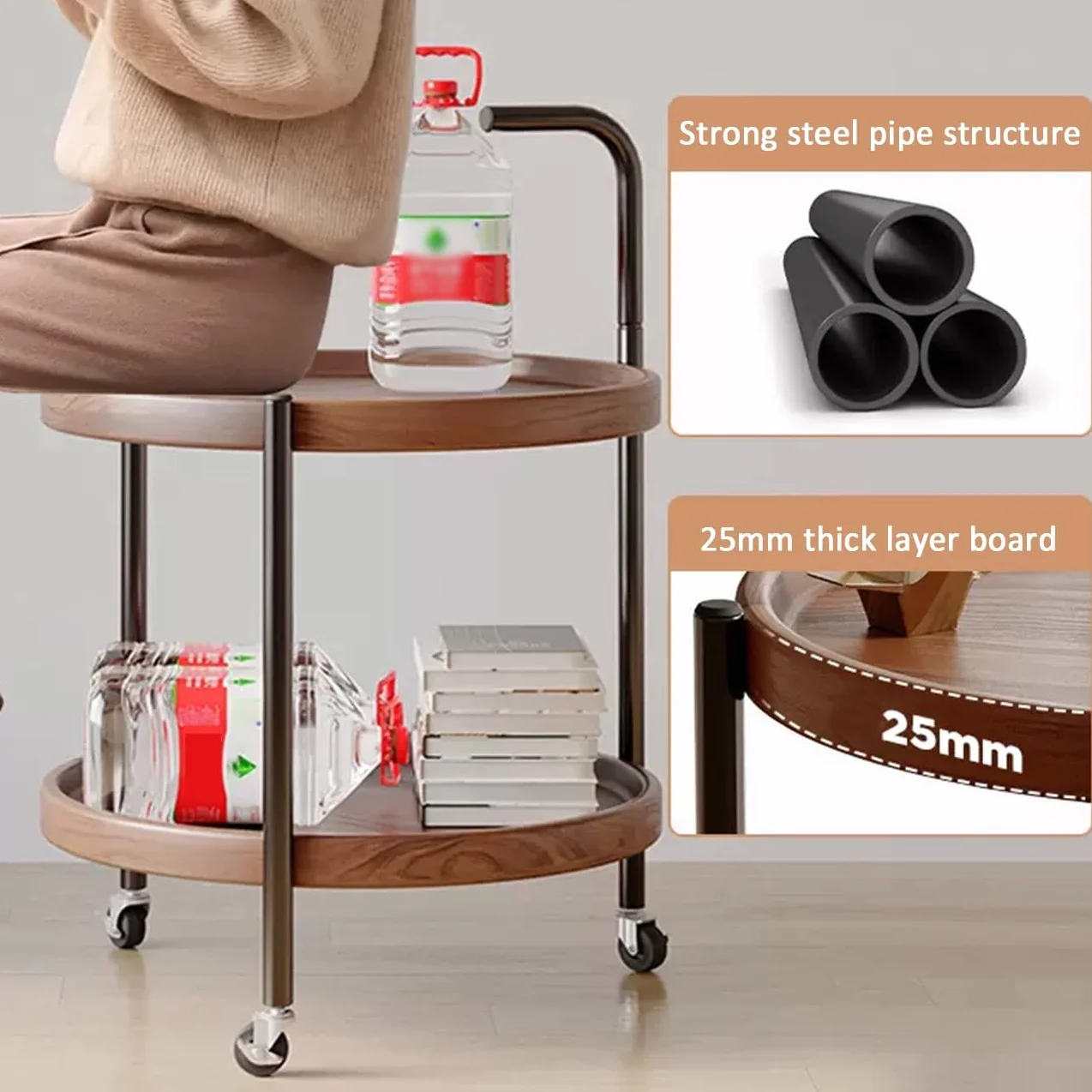 Okrągły stolik kawowy z kółkami – 2-poziomowy wózek do salonu i kuchni – wszechstronna brązowa sofa / stolik nocny (60 cm) – nowoczesne meble domowe