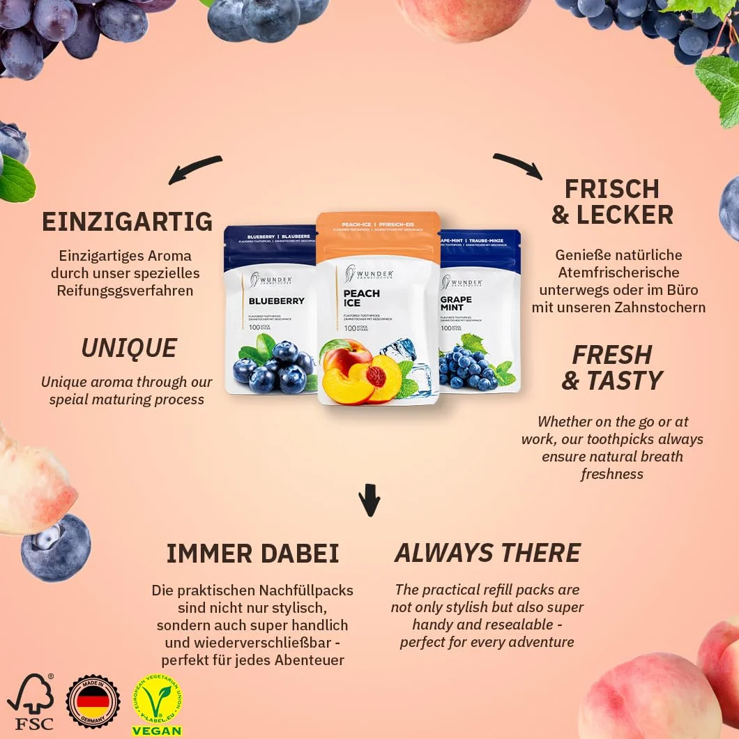Wunder wykałaczki - w 3 orzeźwiających odmianach FRUIT CRUSH PACK - Wykałaczki smakowe - Zamiennik gumy - Świeży oddech z aromatyzowanymi wykałaczkami