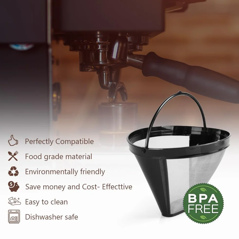 Wielorazowy filtr do kawy AOMIG, 2 sztuki stożkowych srebrnych filtrów nr 4 ze szczoteczką, trwały filtr do kawy ze stali nierdzewnej z uchwytem, zmywalny koszyk z siatki do ekspresów do kawy