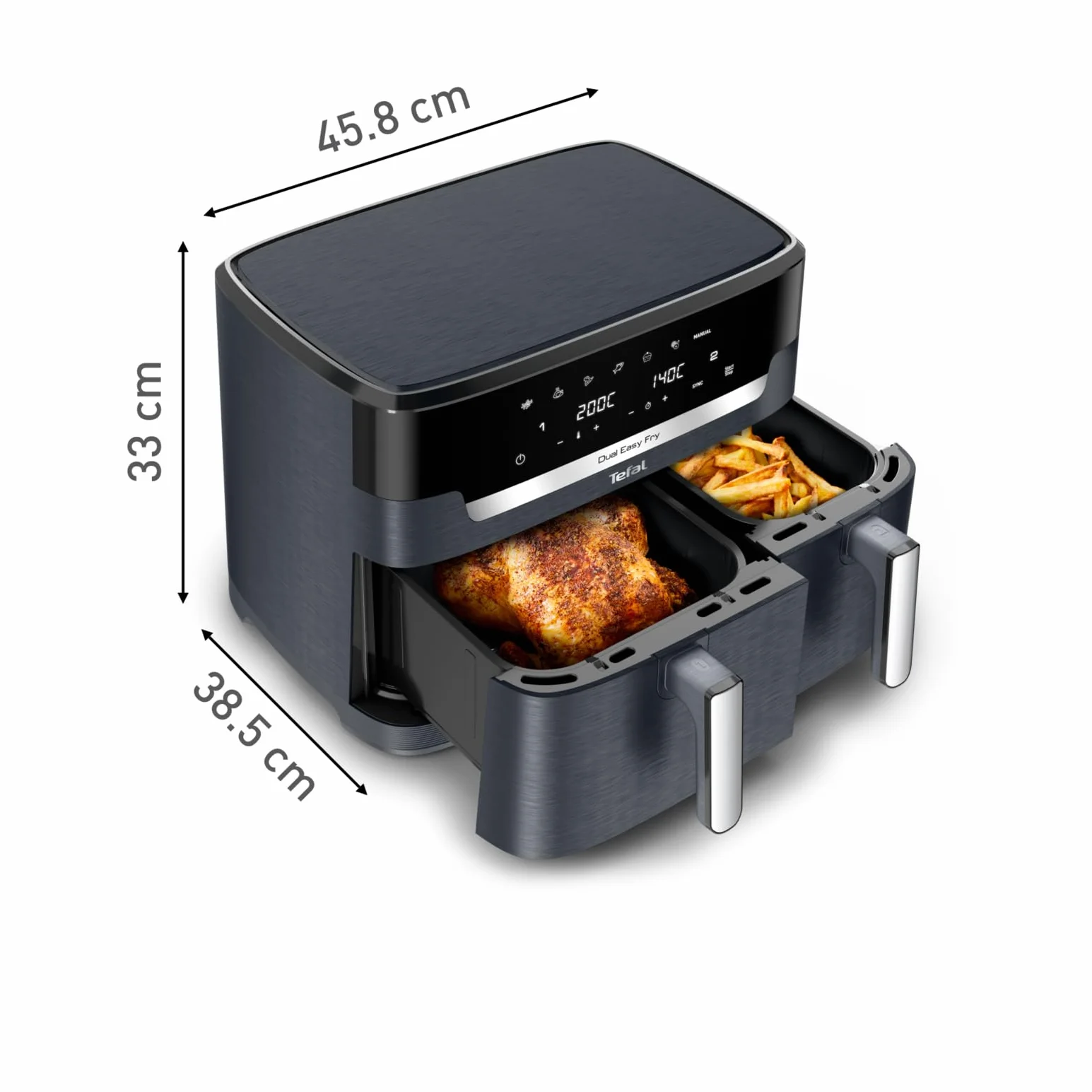TEFAL EY942B Frytkownica beztłuszczowa Dual Easy Fry XXL dwie szuflady, pojemność 11 l, szuflada 6,5 l + szuflada 4,5 l, 99% mniej tłuszczu, 7 automatycznych ustawień gotowania, Extra Crisp, szara
