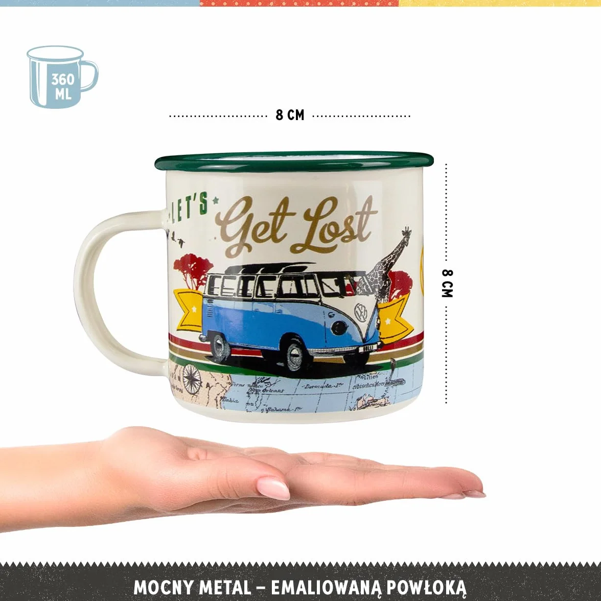 Nostalgic-Art Retro kubek emaliowany, 360 ml, VW Bulli – Let's Get Lost – Pomysł na prezent dla miłośnika Volkswagena Busa, Official License Product (OLP), kubek kempingowy na kawę, Styl vintage