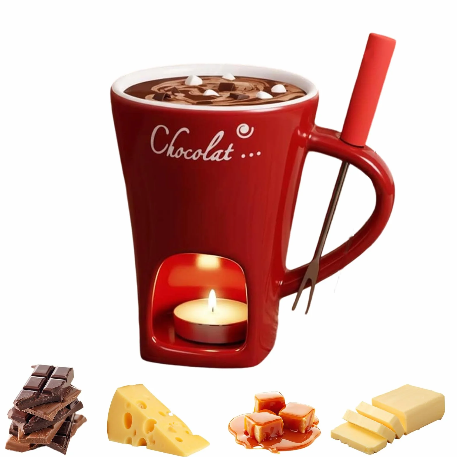 Czerwona filiżanka do fondue czekoladowego z widelcem, ceramiczny zestaw do fondue czekoladowego, 130 ml, mini kubek do fondue czekoladowego, wielofunkcyjny, do sera, czekolady, masła i pianek