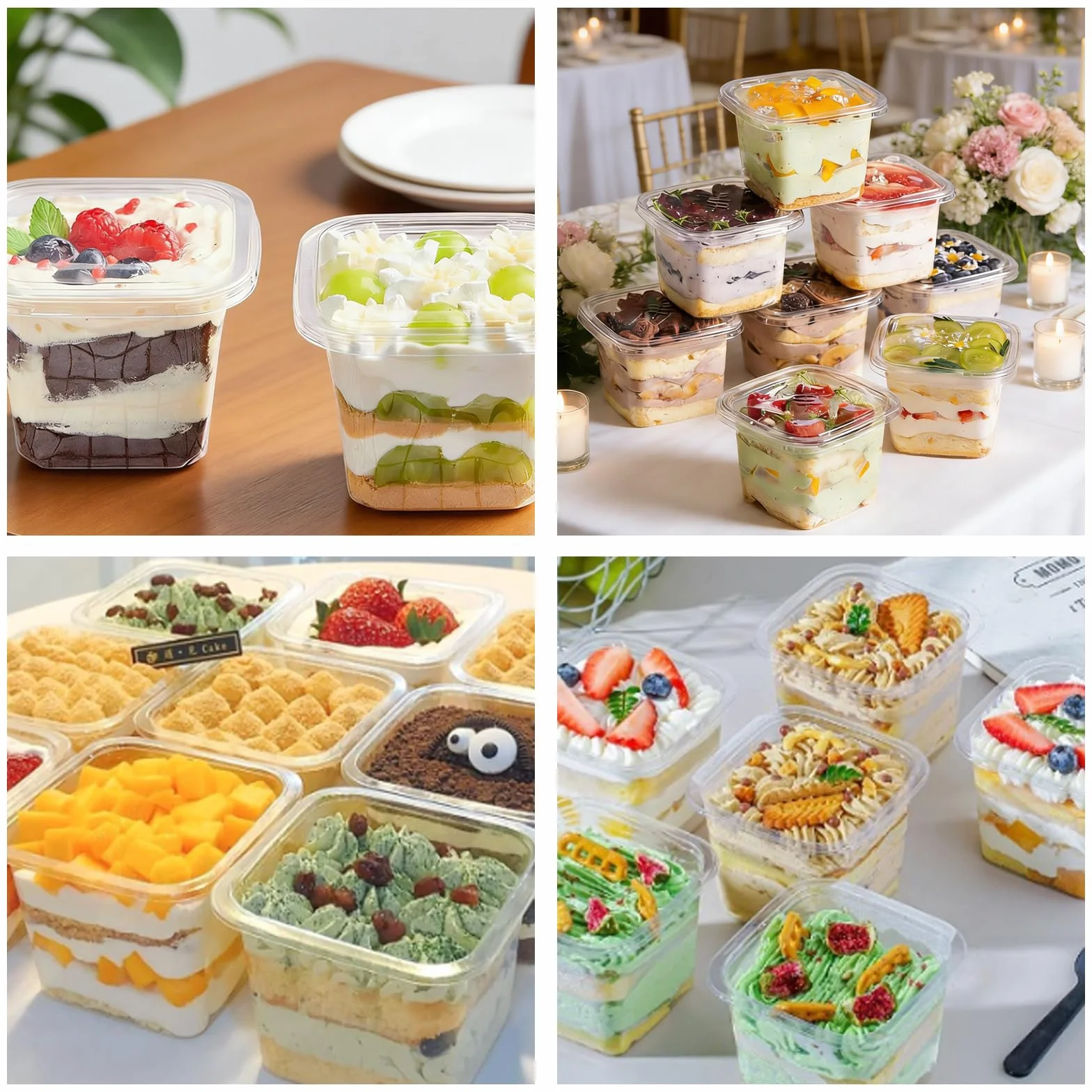 50 sztuk plastikowych kubków deserowych z pokrywką, 360 ml, prostokątne, plastikowe, z łyżeczkami, miseczki deserowe, wielokrotnego użytku, do deserów, puddingu, musu