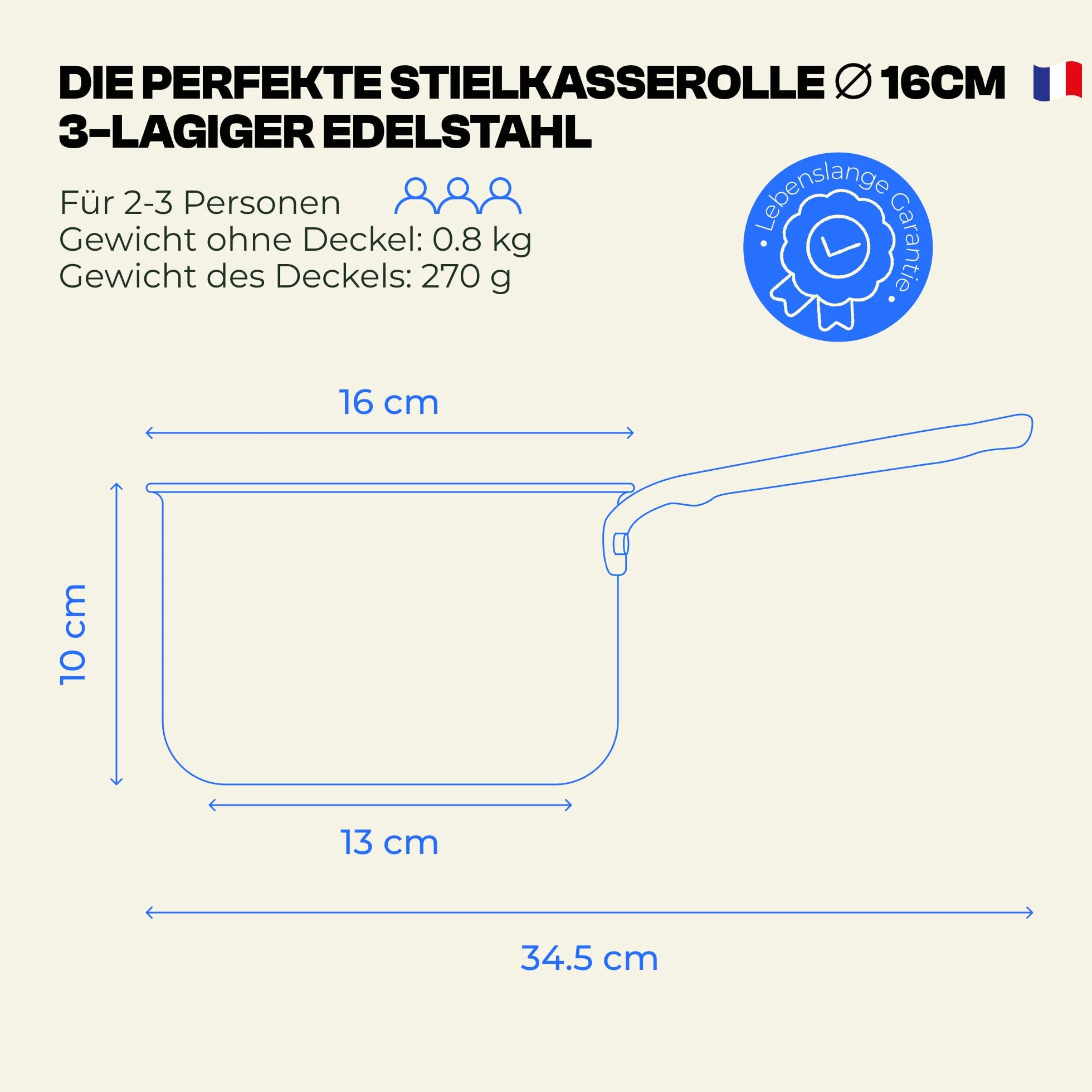 Atma - 3-warstwowy garnek ze stali nierdzewnej 16 cm z pokrywką - gotowanie jednorodne - bez PFAS, PFOA, PTFE - podziałka wewnętrzna, krawędzie nalewania - wszystkie palniki, w tym indukcyjne