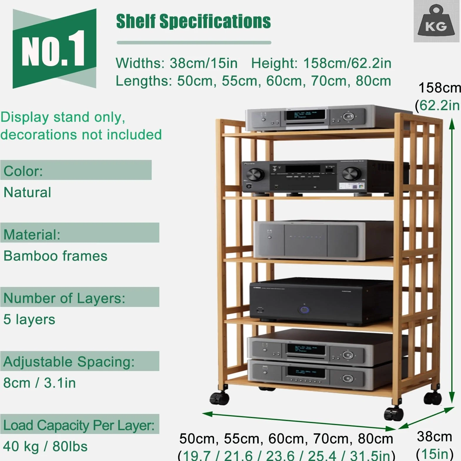Regulowany stojak audio, 5-poziomowa półka na nośniki na sprzęt stereo, skrzynki kablowe i przechowywanie płyt (60 x 38 x 159 cm) idealny stojak na komponenty dla audiofilów i miłośników muzyki