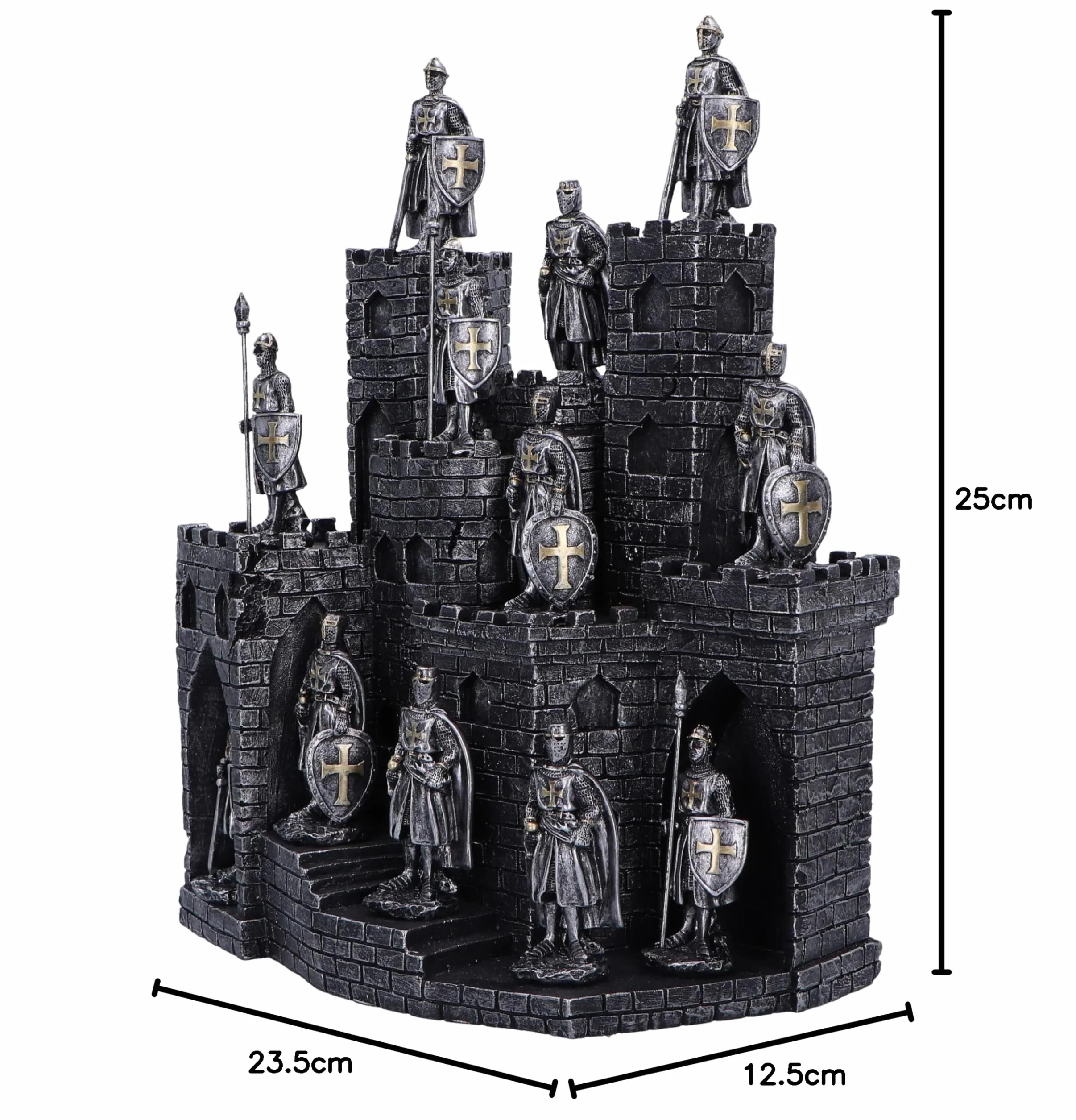 Nemesis Now Rycerze Wieży z zestawem figurek 48 rycerzy 25 cm, żywica, srebrny, średniowieczny zamek z zestawem figurek 48 rycerzy, towar rycerski, odlewany w najlepszej żywicy, ręcznie malowany