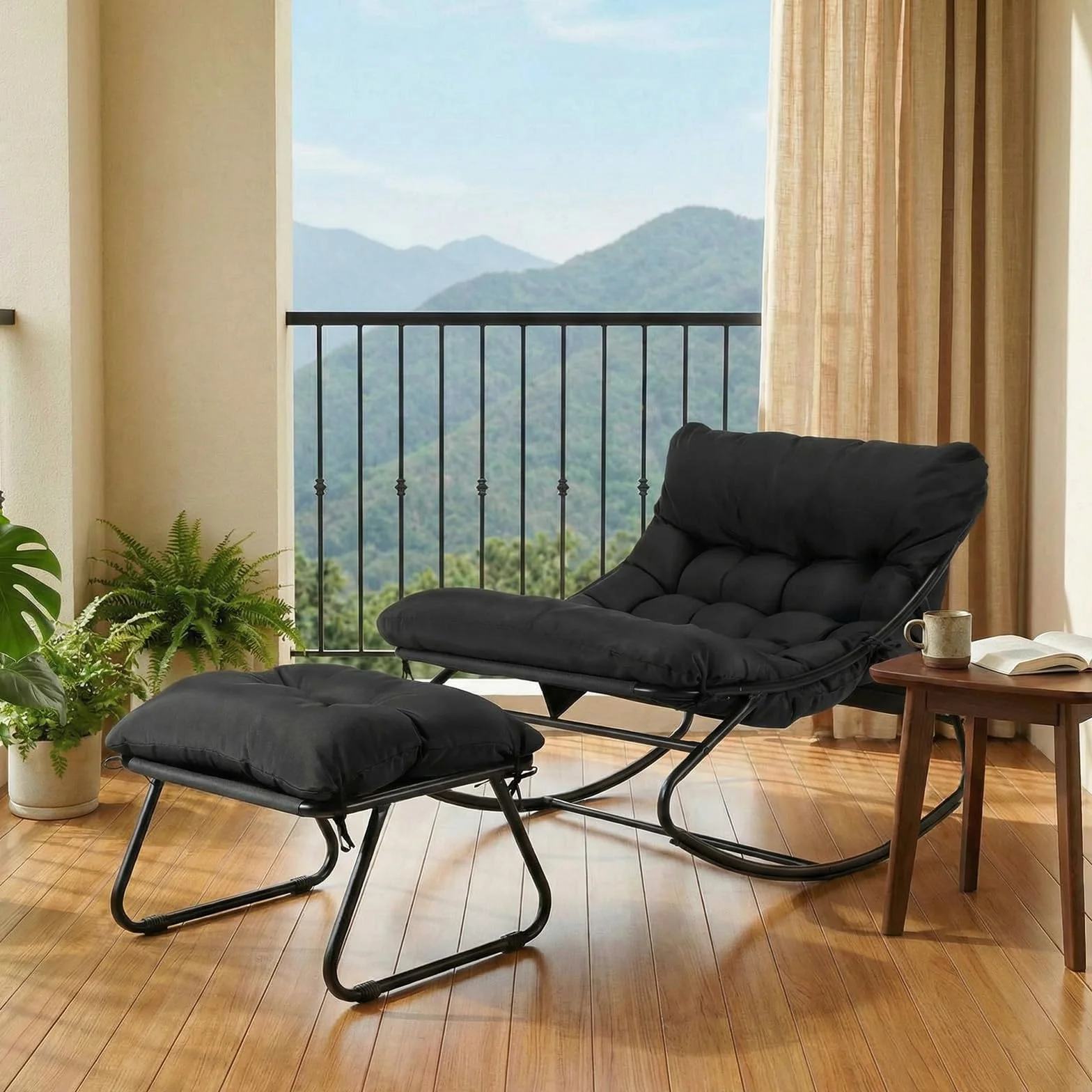 LIFERUN Fotel bujany z taboretem, na patio, fotel bujany z wyściełanym, obciążenie do 150 kg, wodoodporna poduszka, do ogrodu, na balkon, salon, podwórko, do sypialni, na taras, czarny