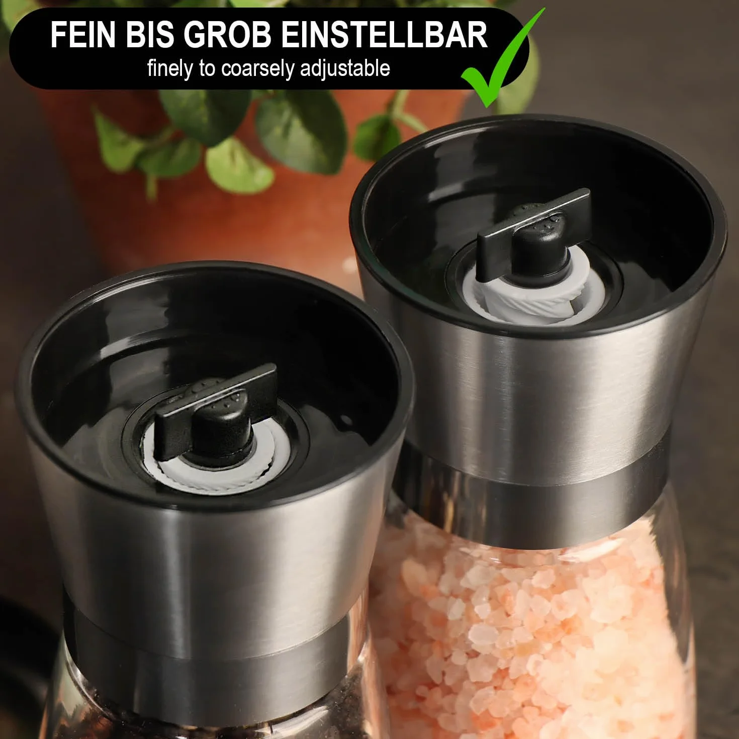 COM-FOUR® 2-czesciowy zestaw mlynków do soli i pieprzu ze szkla i stali nierdzewnej z ceramicznym mlynkiem - eleganckie akcesoria kuchenne - nowoczesny mlynek do przypraw (02 sztuki - z pokrywka)