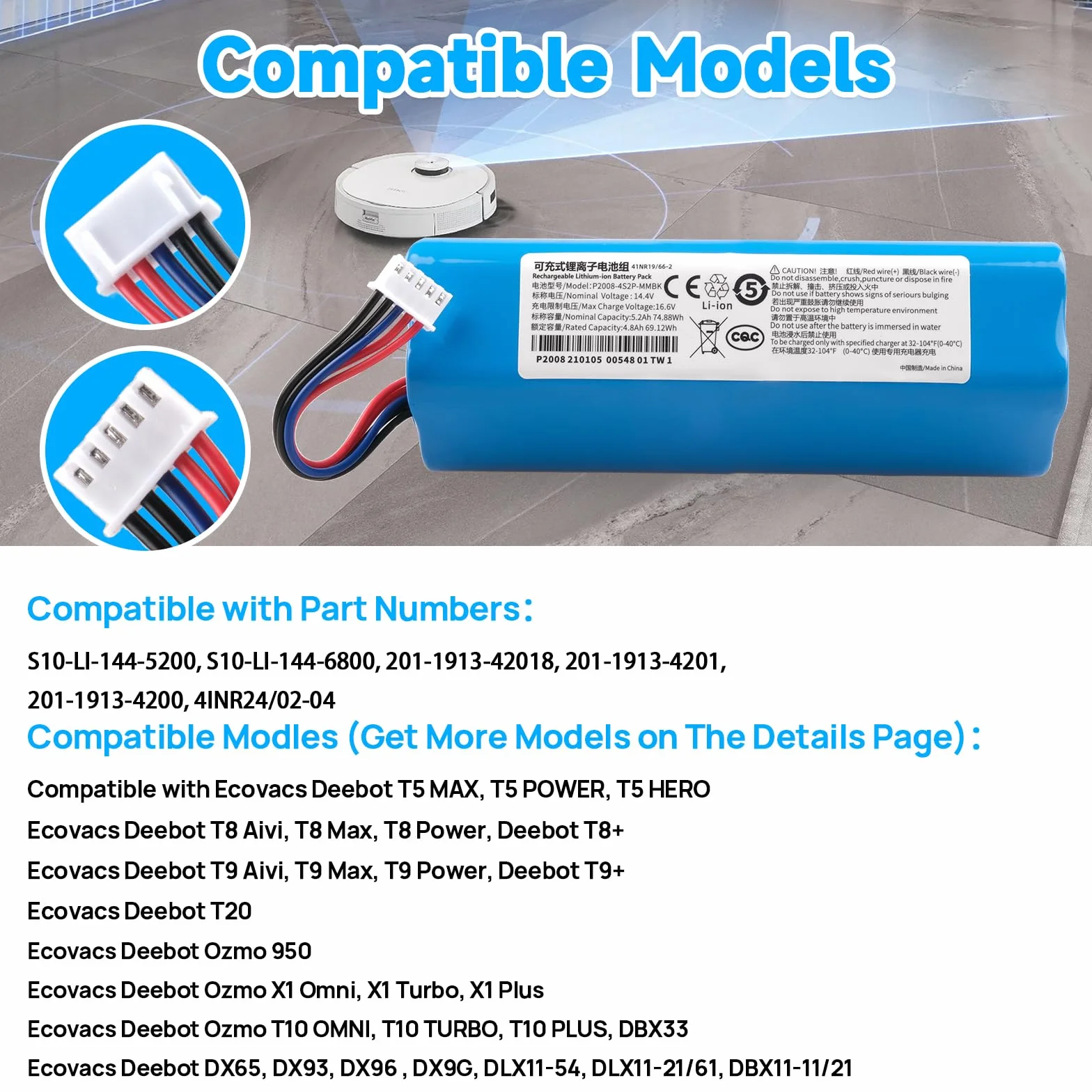 Akumulator 5200 mAh kompatybilny z Ecovacs Deebot T5 T8 T8+ T9 T9+, Deebot T10 T9 Ozmo 950 DX65 DX93 DX96 X1 Omni X1 Turbo X1 Plus DLX11-21/61 DBX11-11-11 /21 Aspire radery, S10-LI-144-5200 201-1913