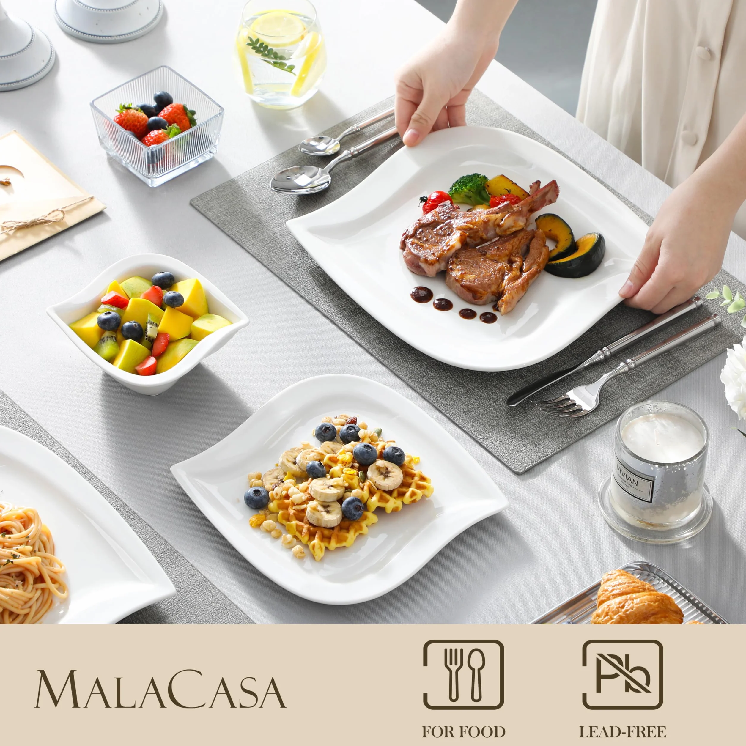 MALACASA Seria ELVIRA Zestaw naczyń z porcelany, 18-częściowy zestaw naczyń dla 6 osób z 6 talerzami obiadowymi 26 cm, 6 talerzykami deserowymi 21 cm, 6 miseczek na zupę 240 ml, białe