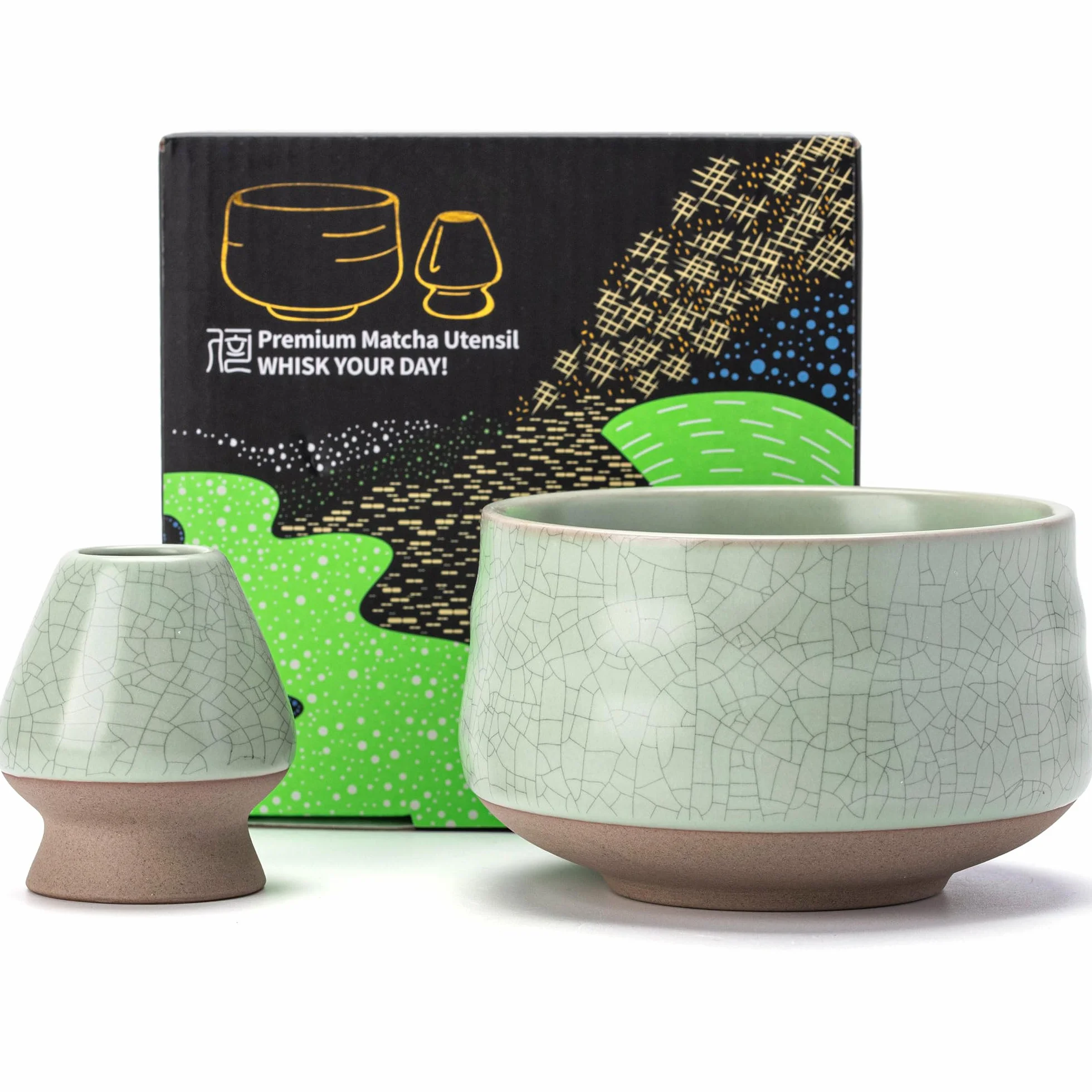 TEANAGOO Chawan Miseczka do herbaty Matcha i podstawka do trzepaczki Matcha, uchwyt Chasen, MB-6, 510 ML, matowy jasnozielony z czarnym szwem, 2 szt./opak.