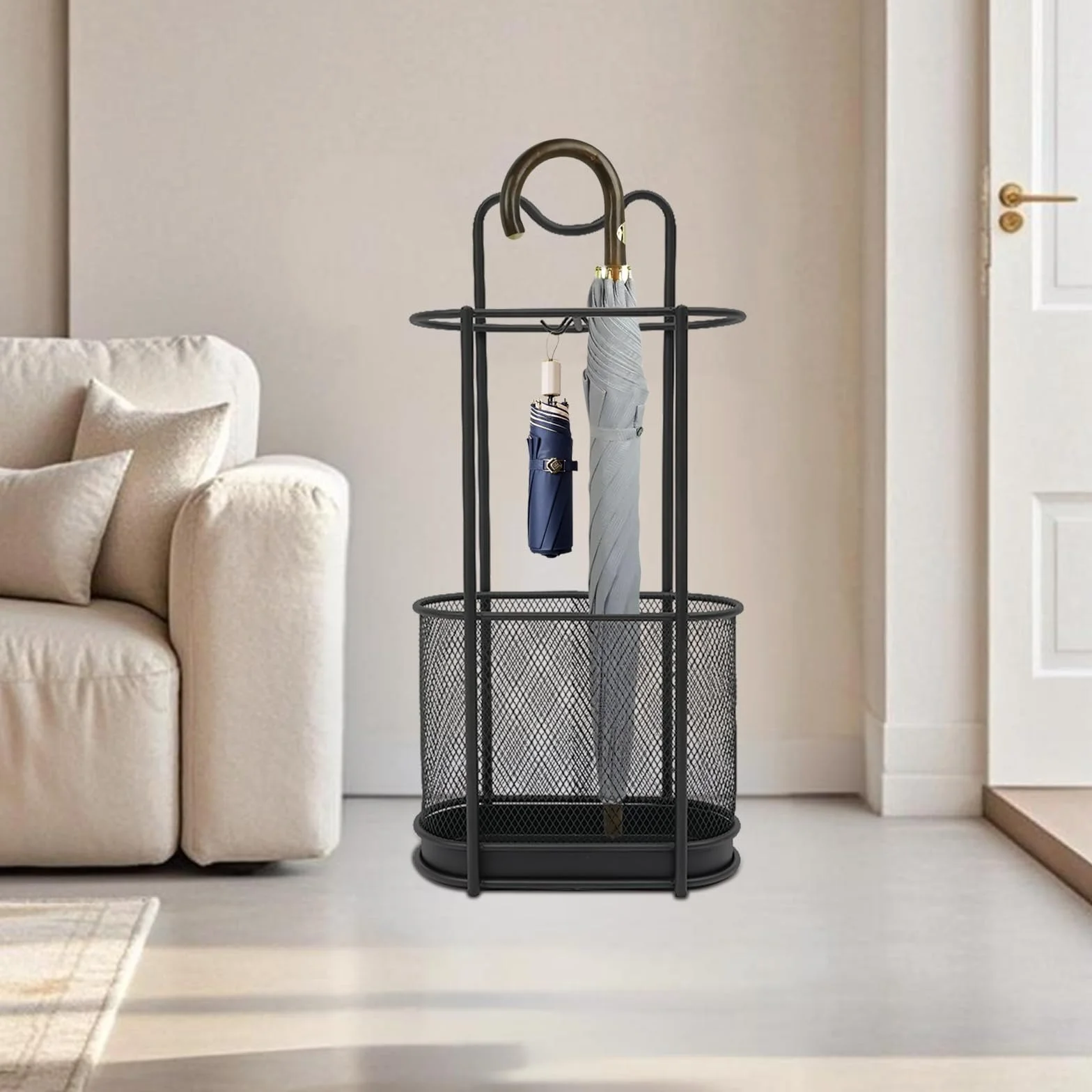 Stojak na parasole z metalu, stalowy stojak na parasole z hakiem i tacką odpływową, wolnostojący uchwyt na parasol, do wejść, balkonów, biur, sklepów, 30 x 15 x 60 cm (czarny)